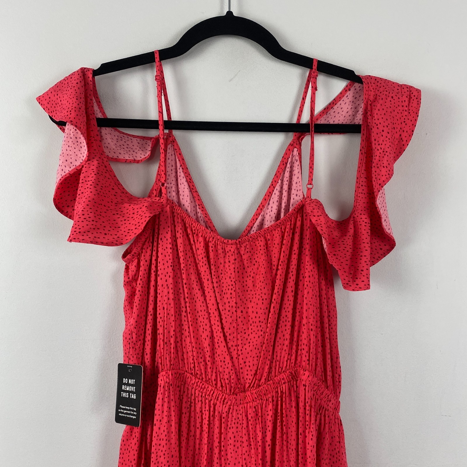 Express Ruffle Maxi Dress Size Medium Hi Low Hem Red Black Polka Dot
