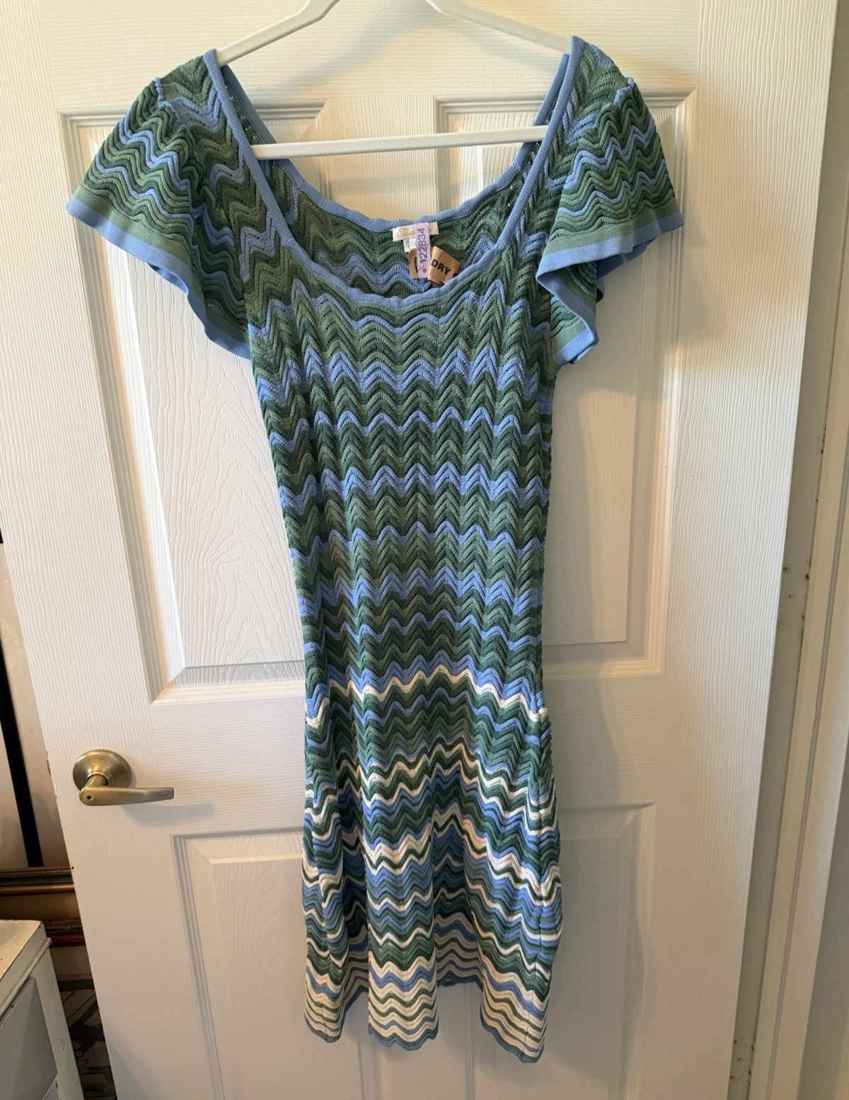 Shoshanna Blue/Green/White Chevron Knit Fit & Flare Dress Ruffle Sleeve Medium