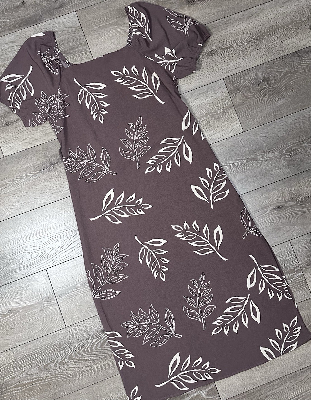 Absolutely Famous XL Square Neck Puff Sleeve Neutral Leaf Print Midi Dress Boho