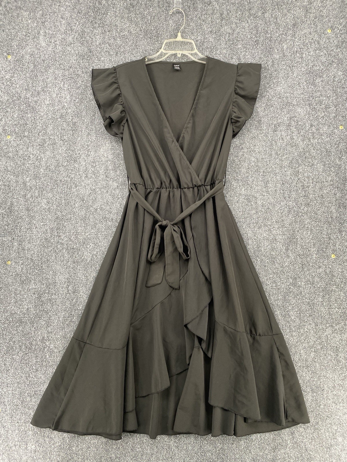 SHEIN Black Ruffle MIDI Wrap Dress V Neck Short Sleeve Womens Large 8/10 Classic