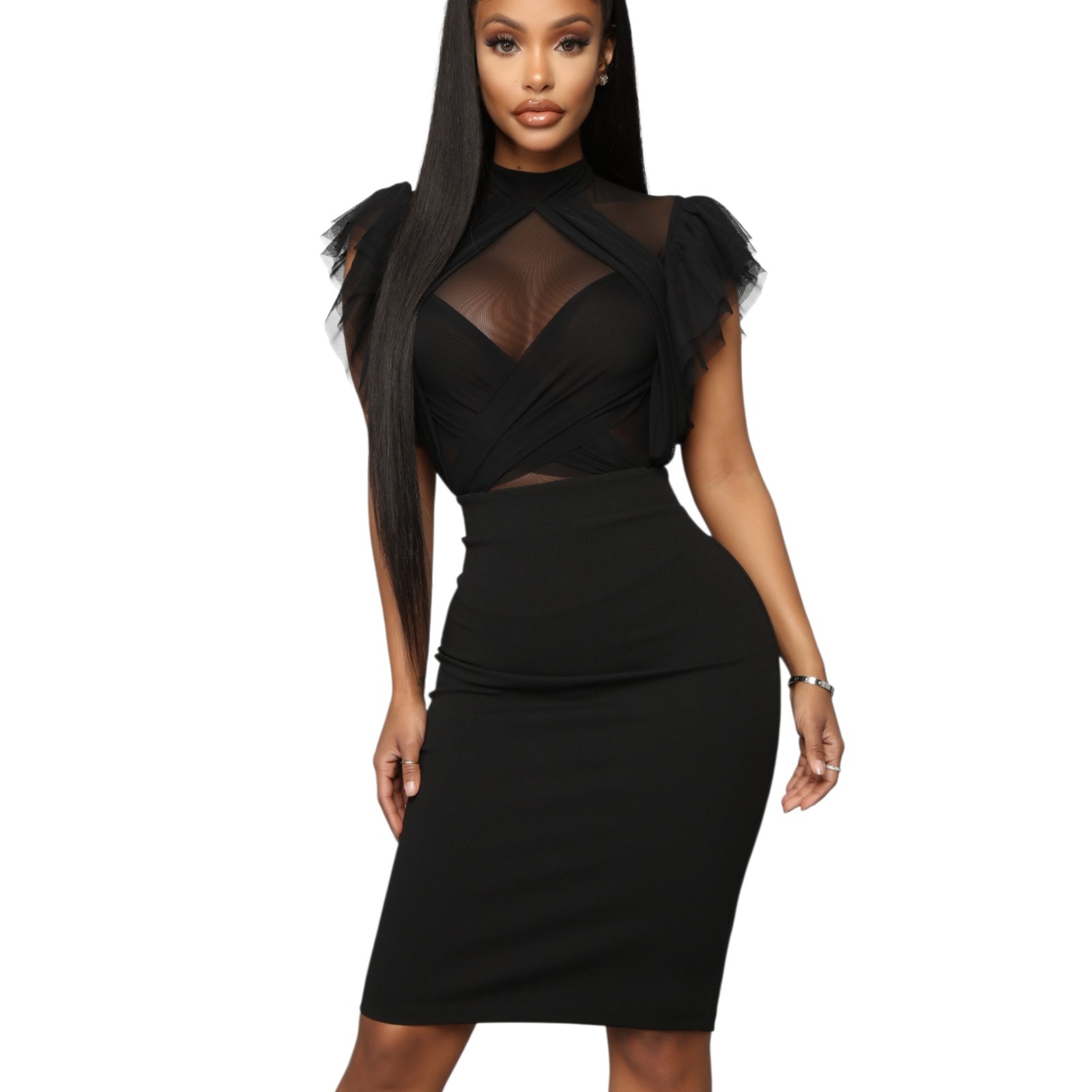 Whimsigoth Invented Class Black Mesh Midi Dress Sheer Ruffle Sz M Grunge Sexy