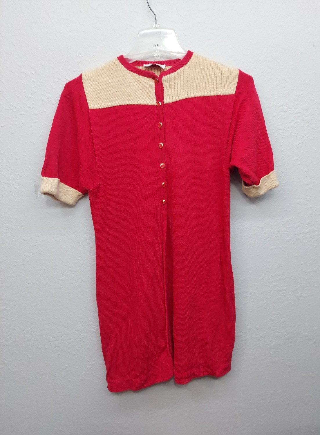 Vtg St John Dress Women 4 Red Beige Santana Knit Stretch Knee Short Sleeve STAIN