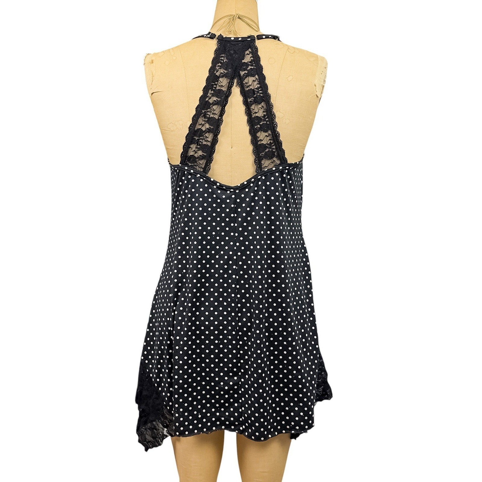 Y2K Polka Dot Mini Slip Asymmetrical Lace Hem Dark Coquette Babydoll Size M