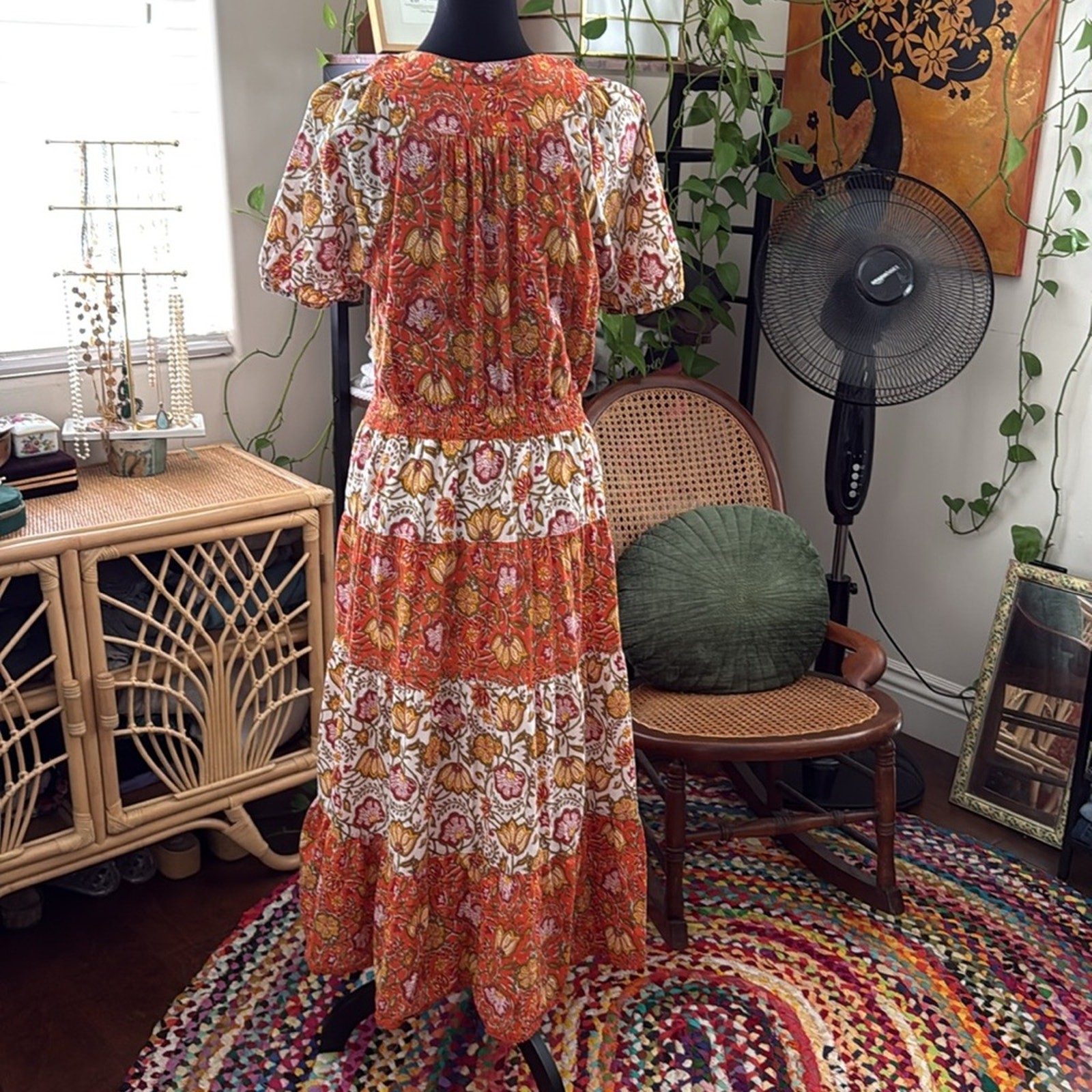 dRA Los Angeles Anthropologie Orange Multi Paisley Floral Boho Hippie Maxi Dress