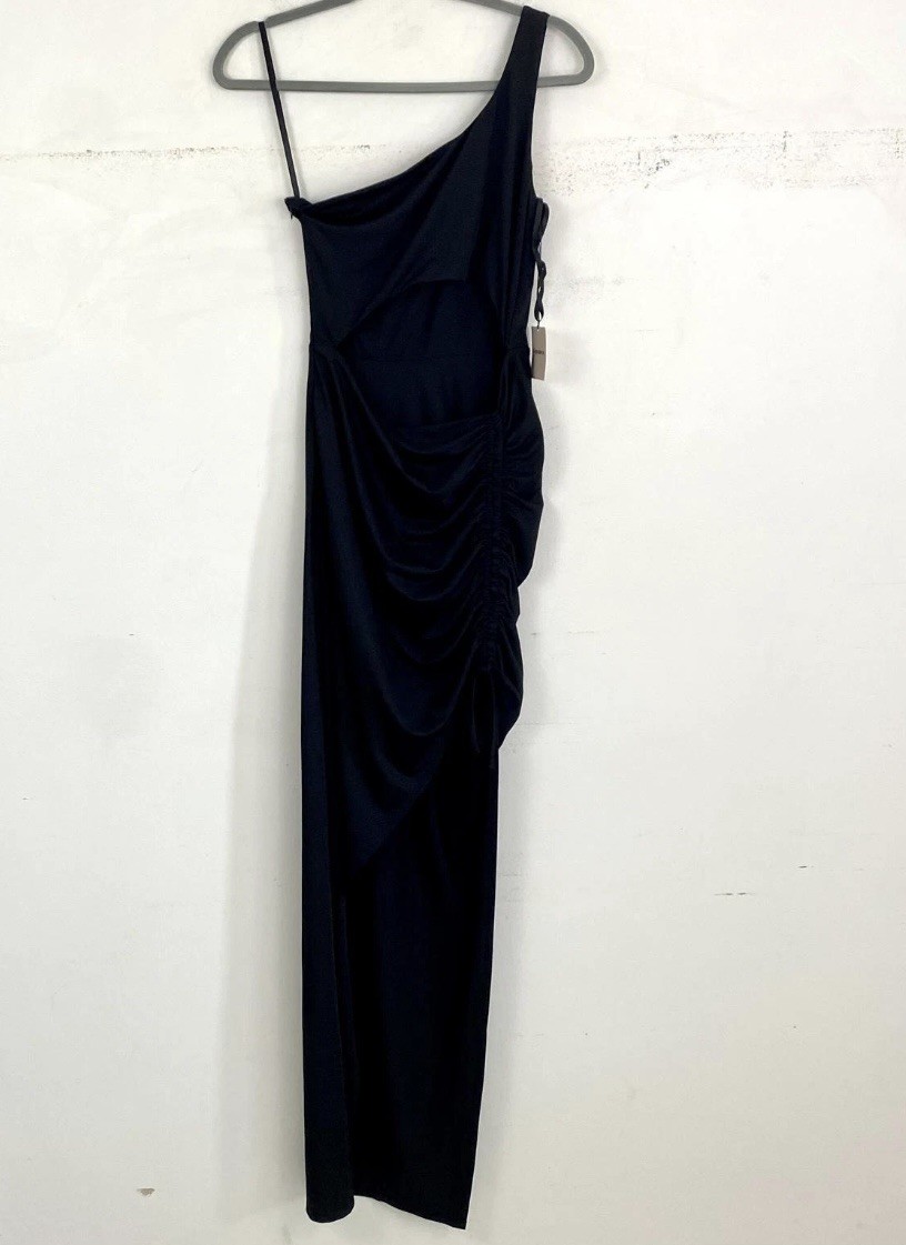 SUPERDOWN Alanie black one shoulder ruched cut out dress sz M – New with Tags
