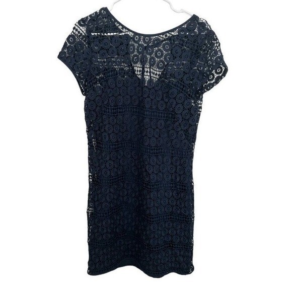 Loft Outlet Navy Blue Crochet Lace Medallion Shift Dress Size 4 Tie Back Zip
