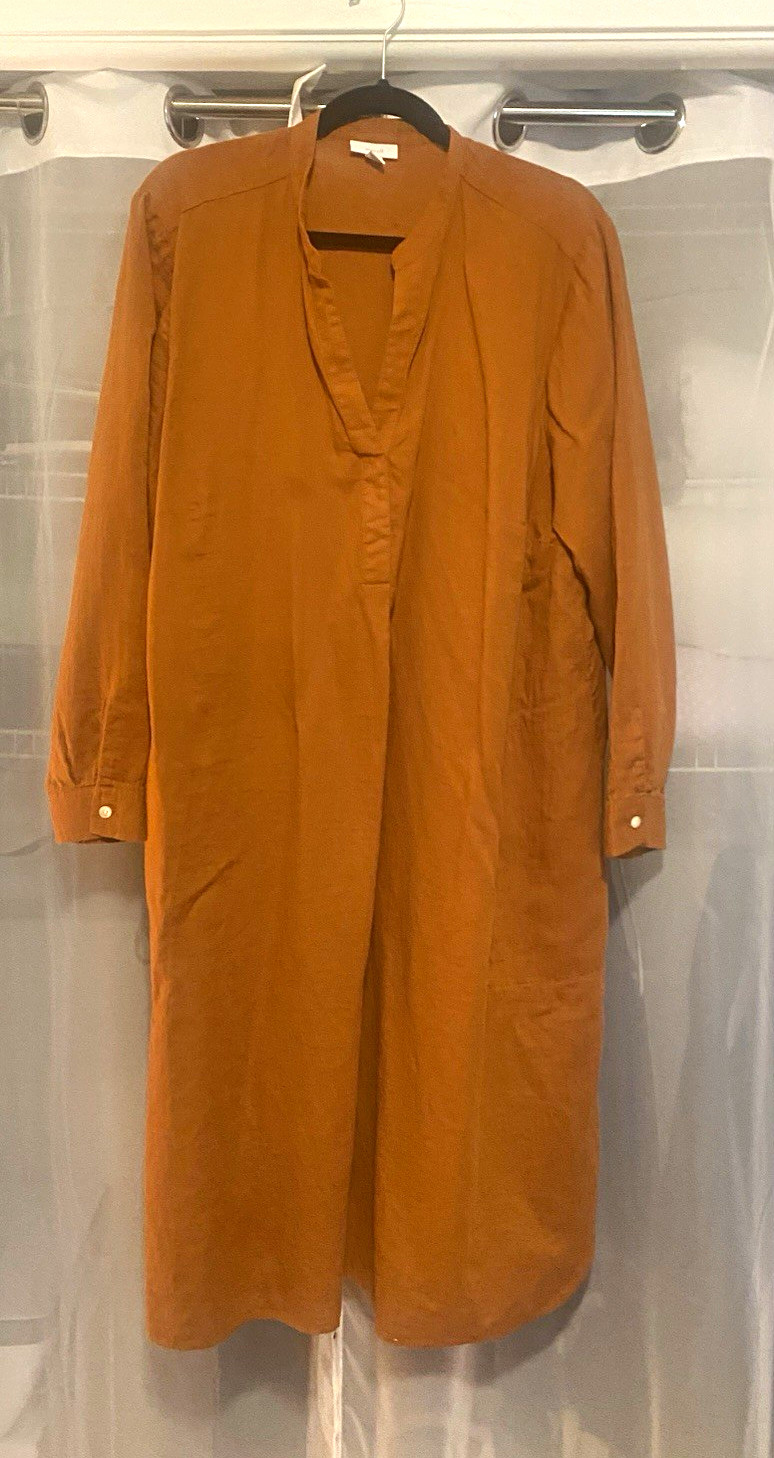 purejill Solid Brown Linen Woven V-Neck Long Sleeve Midi Shirt Dress S