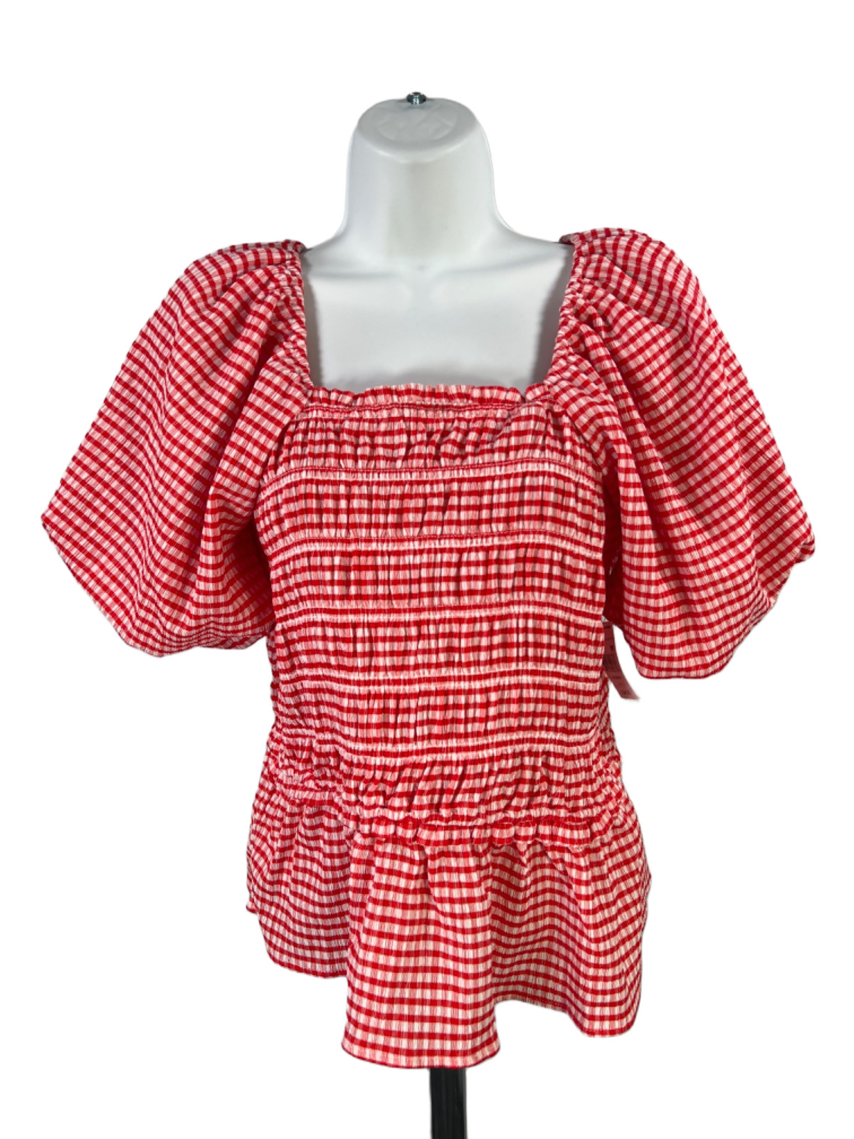 Grace + Karma Women’s Red Plaid Smocked Tiered Balloon Sleeve Blouse – L