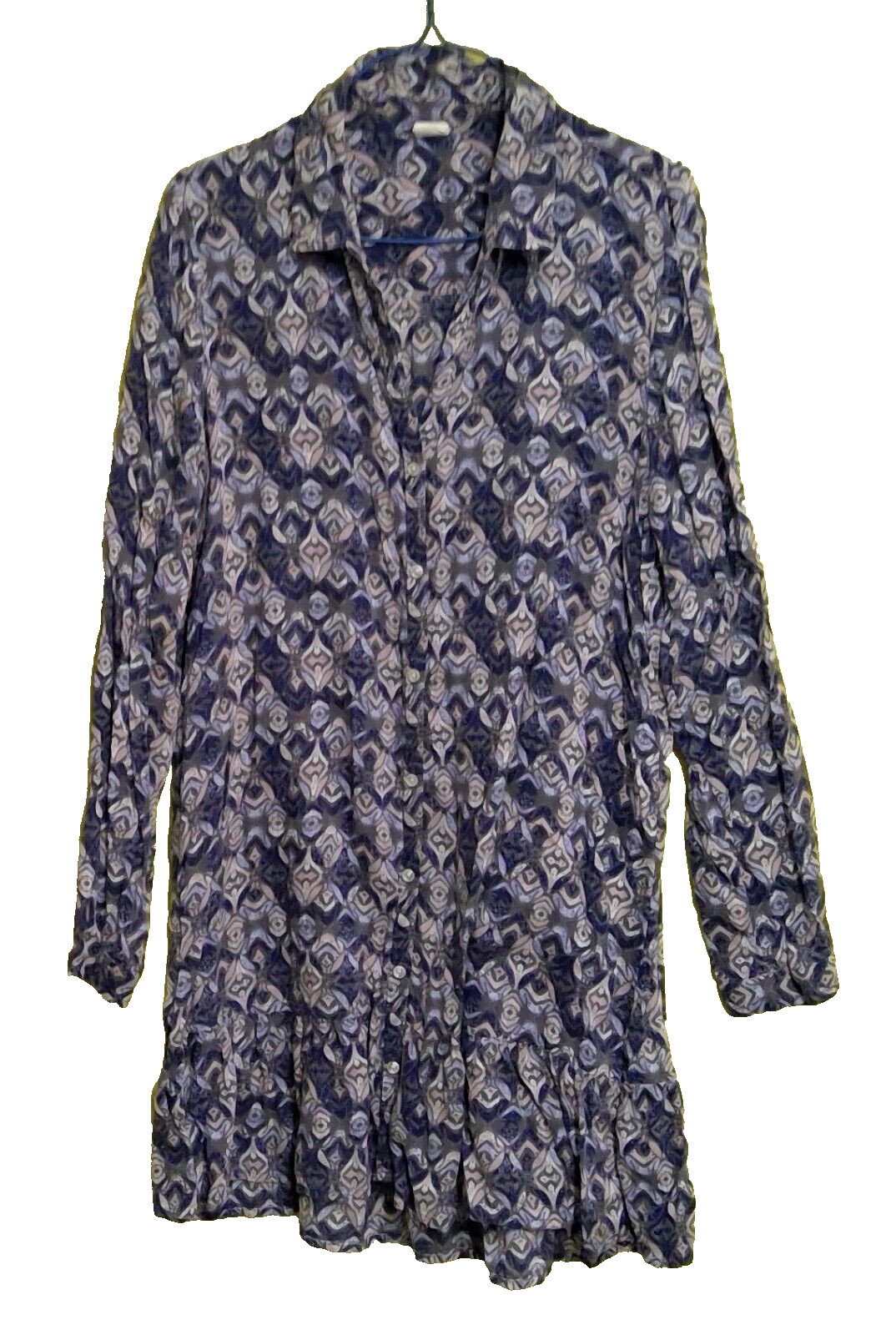 Wild Pearl women’s ruffle hem button front dress blue geometric L v-neck short