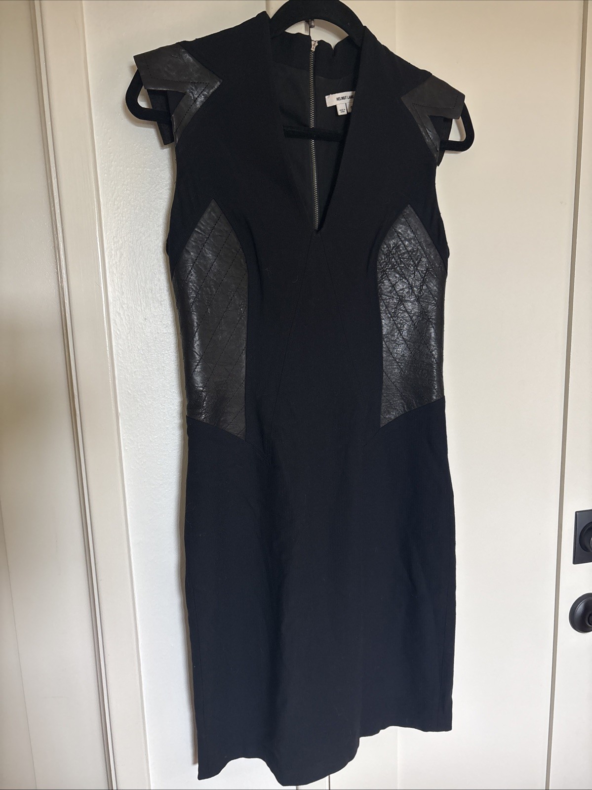 Helmut Lang Black Wool and Blistered Leather Panel Dress Size 6 Avant Garde