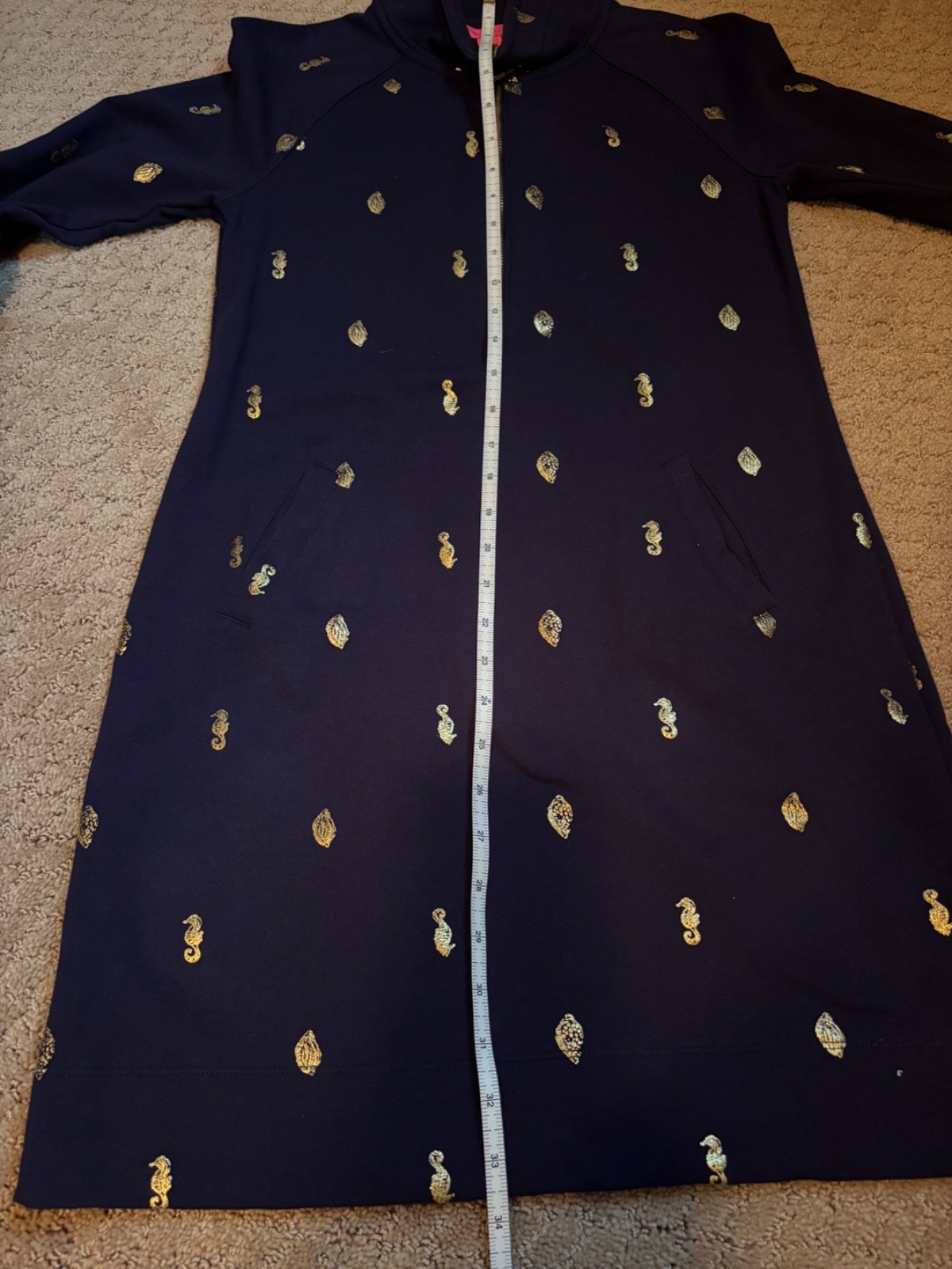Lilly Pulitzer Quarter Zip Sweatshirt Dress, Navy W/ Gold Seahorses size XS