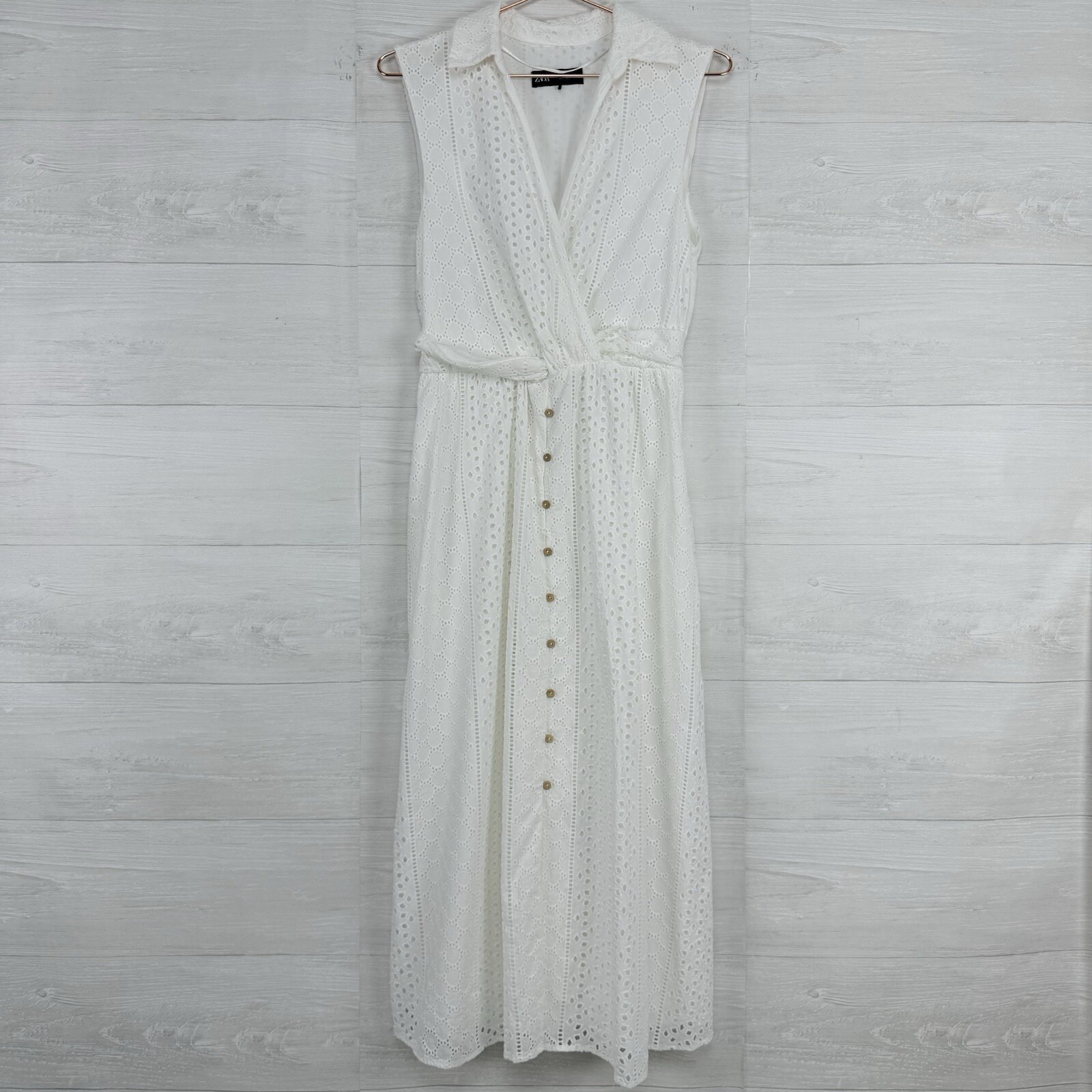 ZARA Openwork Embroidered Eyelet Midi Dress L White Sleeveless V Neck Feminine