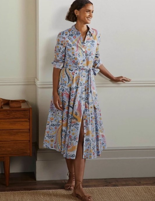 Boden Kitty Shirt Dress Size 8L Blue Bird Floral Midi Enchanting Peacock – EUC