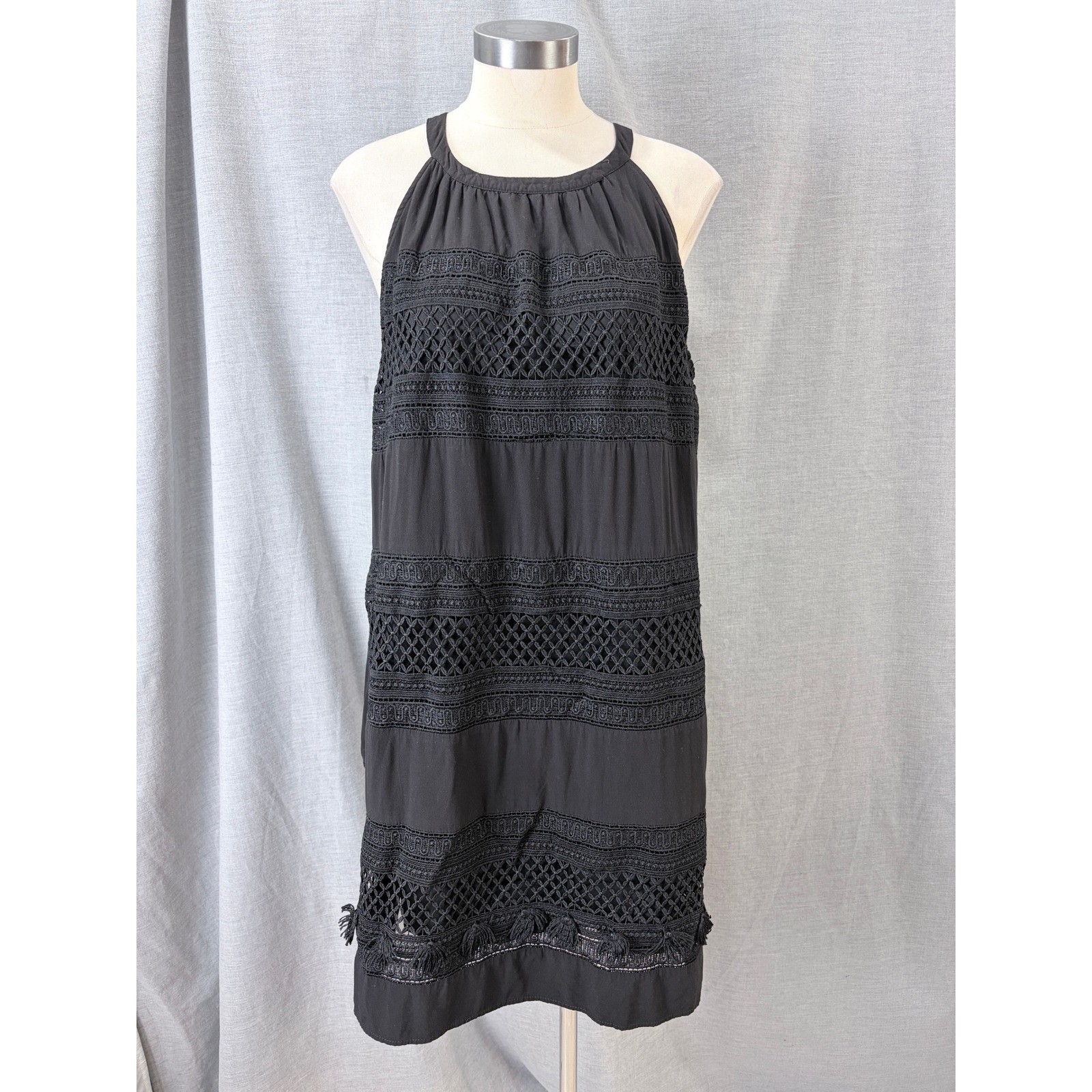 LOFT Black Crochet Lace Tassel Trim Halter Shift Dress Sleeveless Summer LP