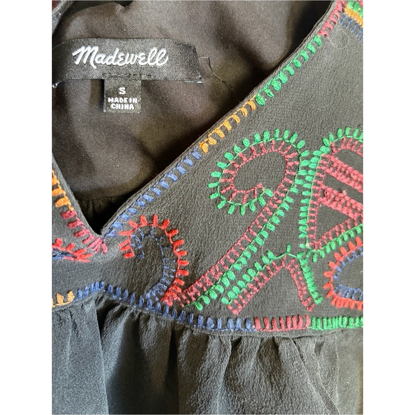 Madewell 100% Silk Embroidered Shift Dress Black Multicolor Boho Artisan Small
