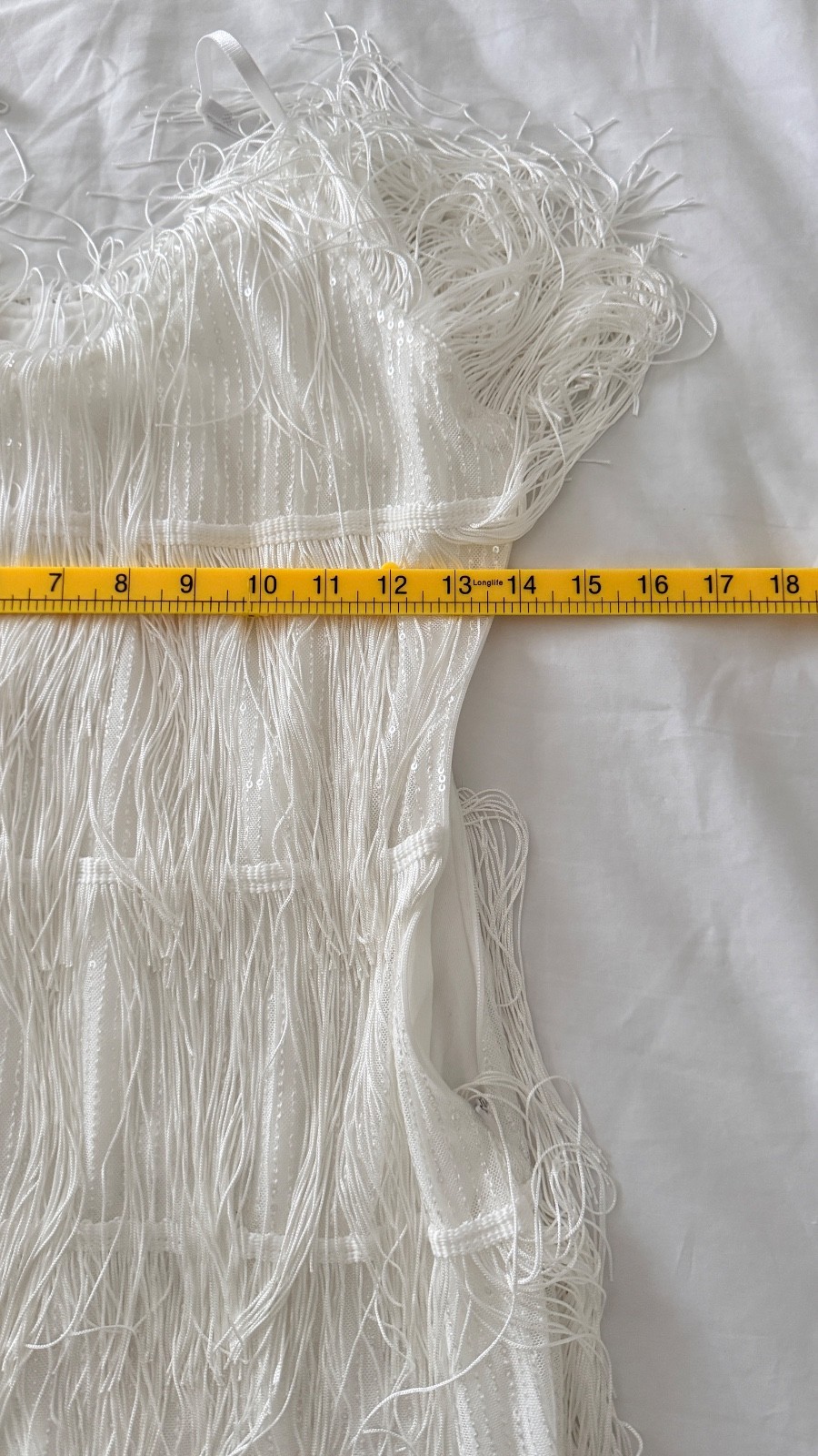 White Ivory Fringe & Feather Trim Mini Dress Size L Sequin Party Bachelorette NY