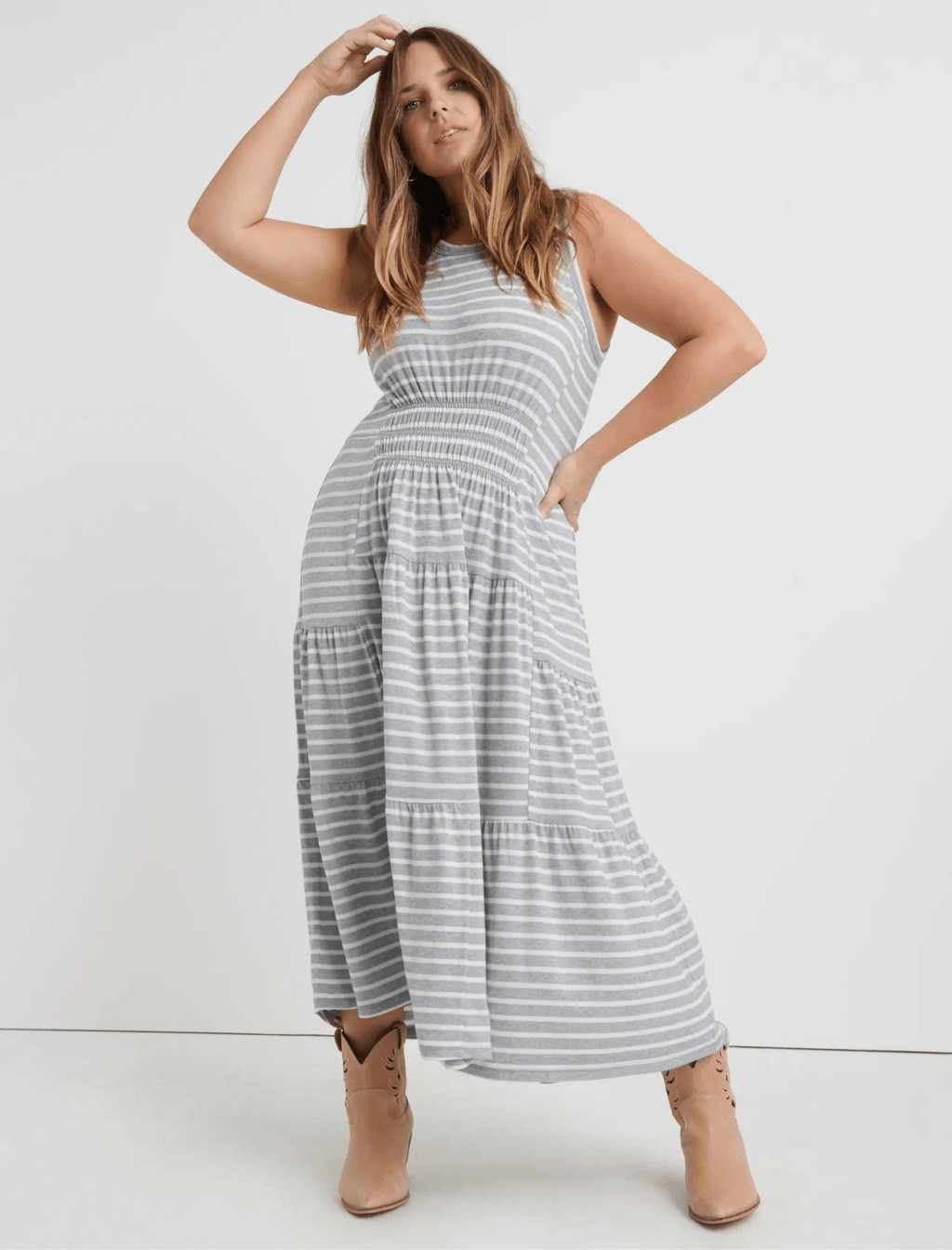 Lucky Brand Ruched Sleeveless Grey & White Stripe Maxi Dress Small #800