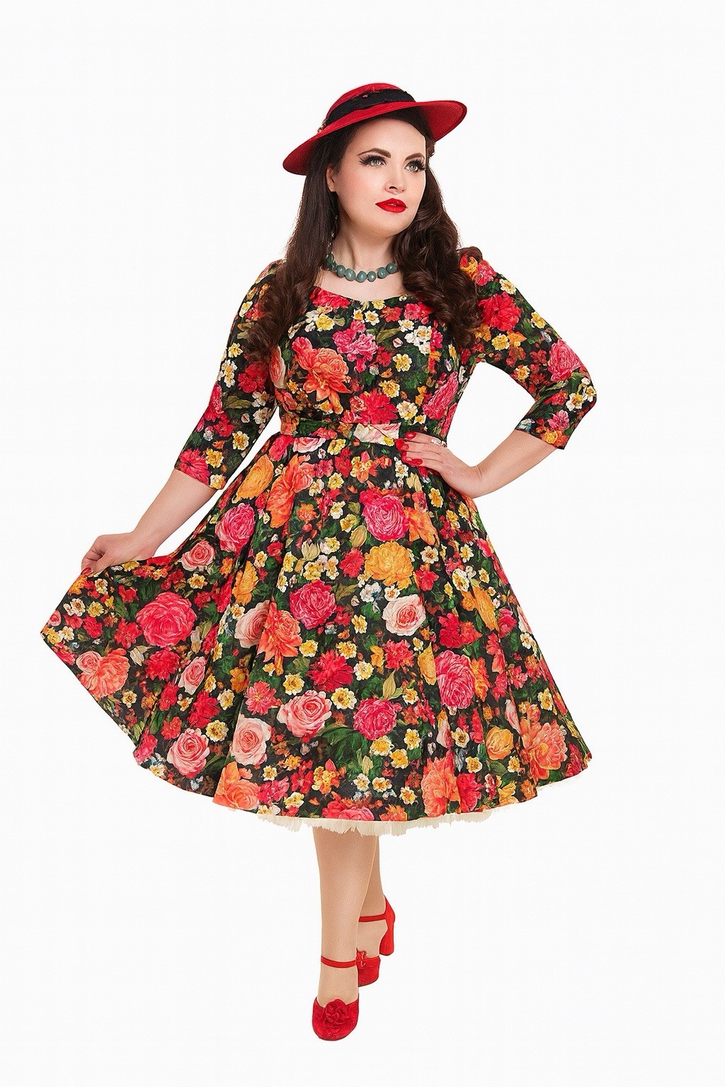 Unique Vintage Hearts & Roses Black Floral Cassidy Swing Dress, NWT!