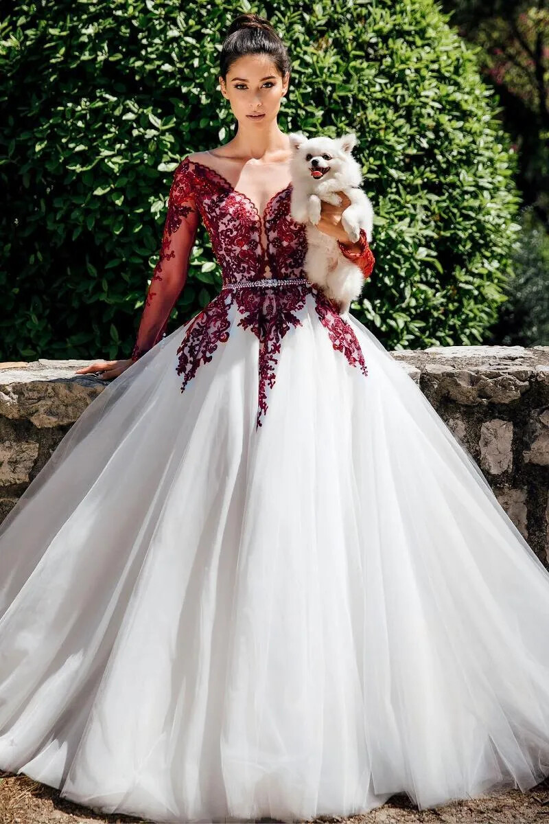 Princess White and Bury Wedding Dresses Sweep Train Garden Bridal Party Gowns