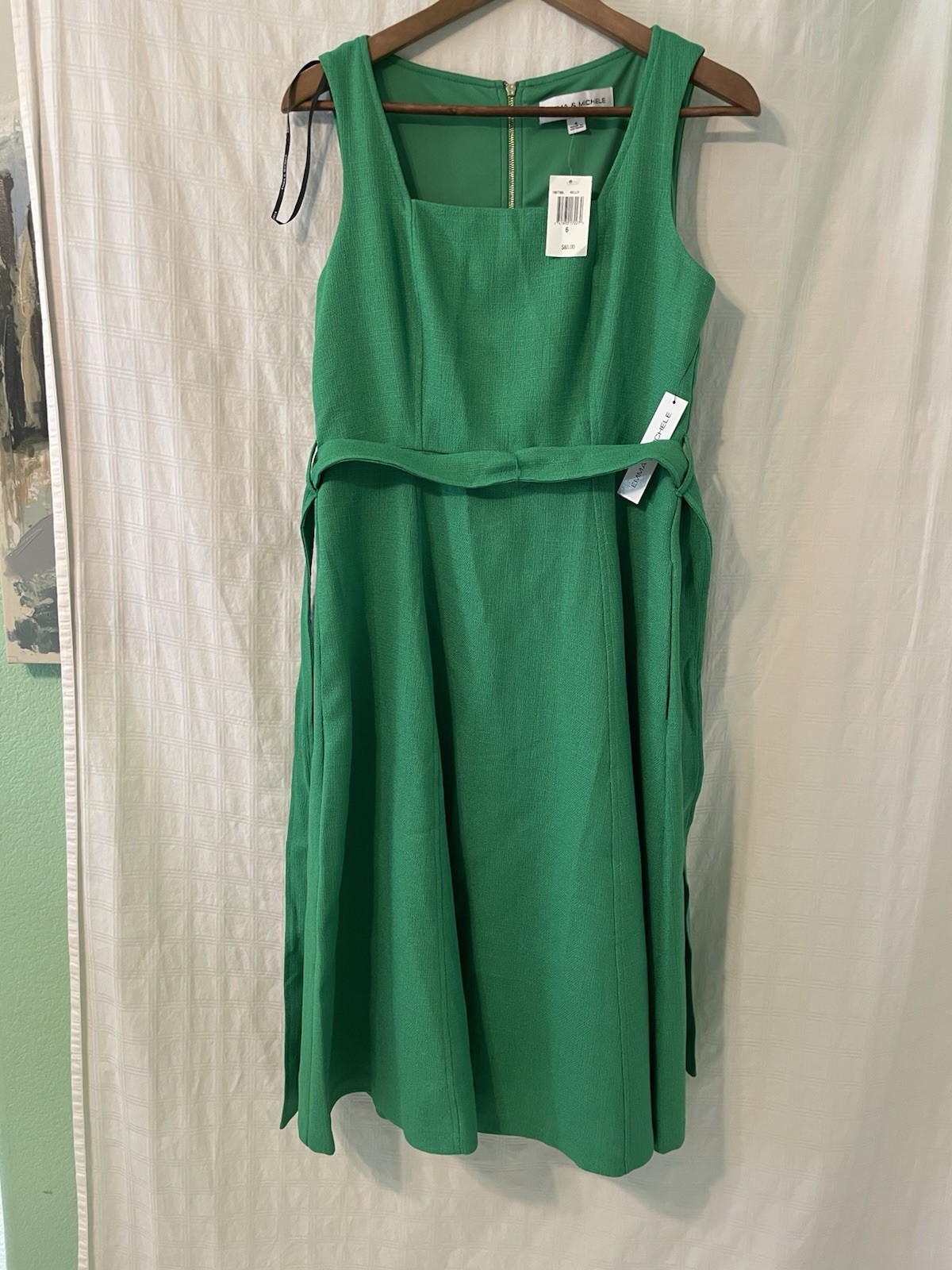 NWT Emma & Michele Sleeveless Knee Length Kelly Green Dress Waist Tie Belt Size6