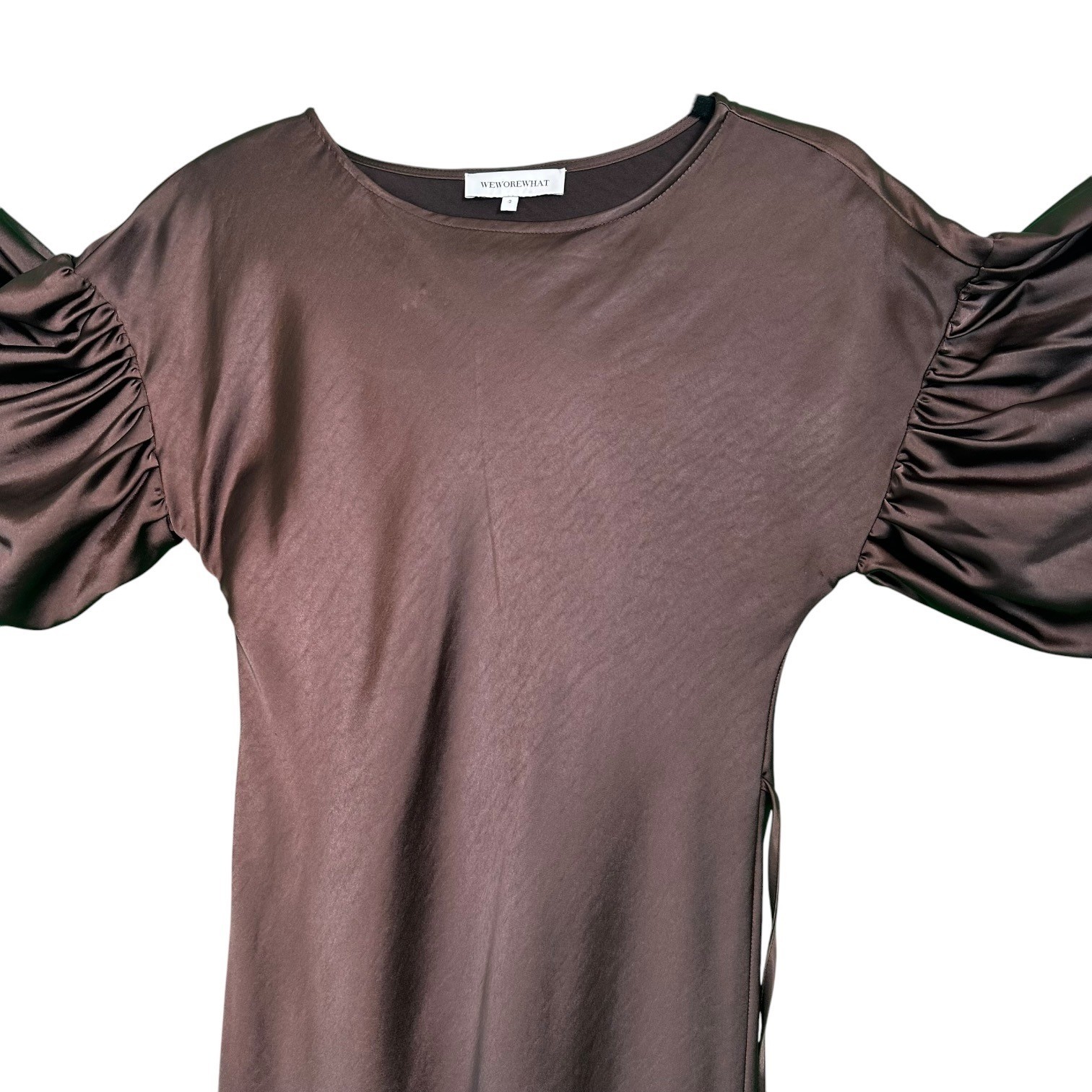 WeWoreWhat Maxi Dress Balloon Sleeve Satin Charmeuse Tie Waist Brown 2 Boho Chic