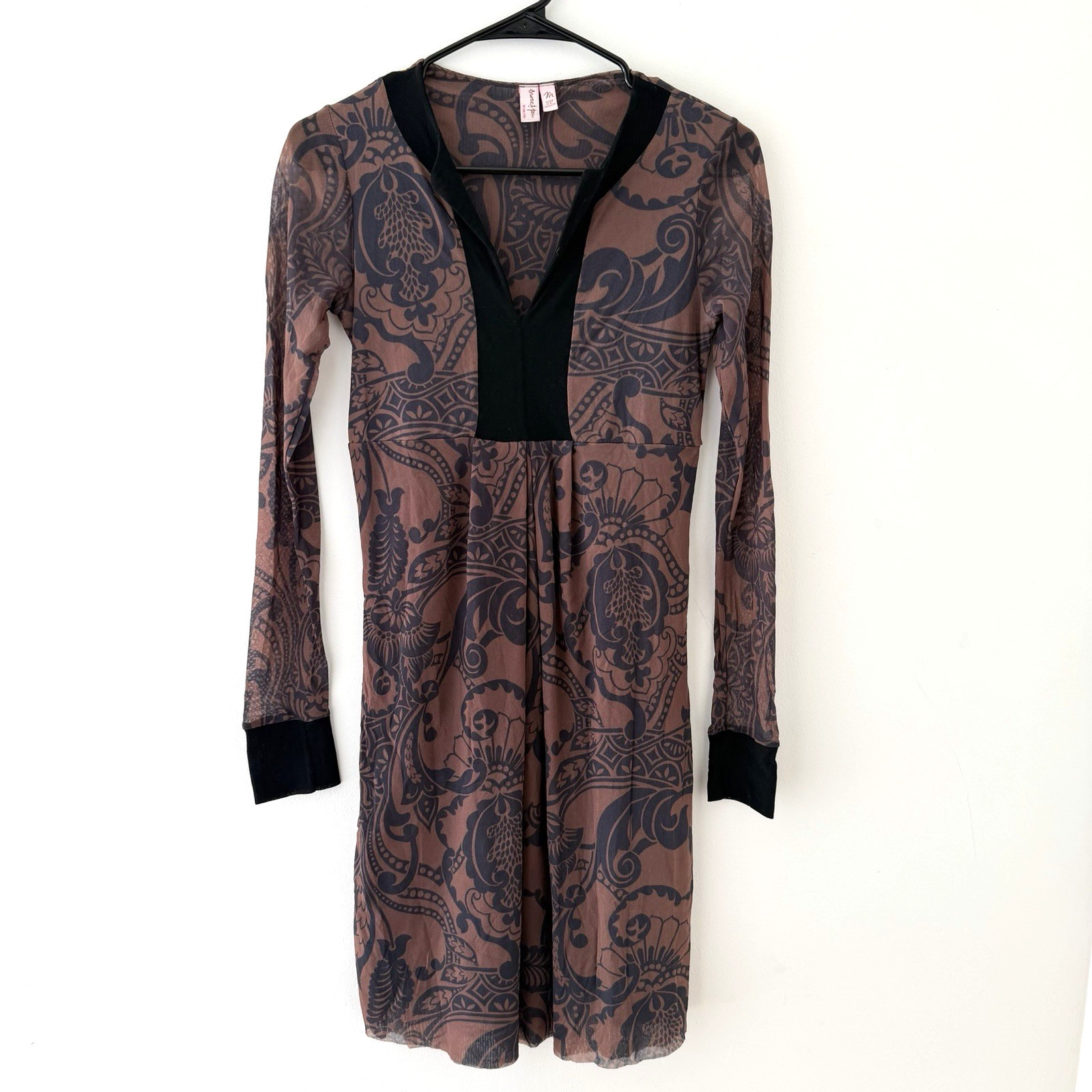 Y2K Grunge Sheer Mesh Sleeve Midi Dress Brown Black Baroque Scroll Print M