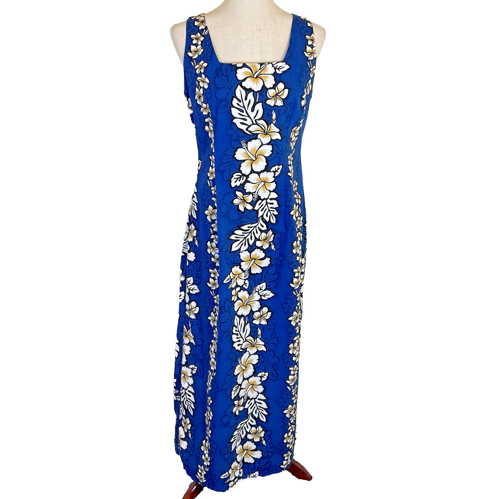 Royal Creations Blue Floral Hawaiian Dress SZ Large USA Made Tropical Resort