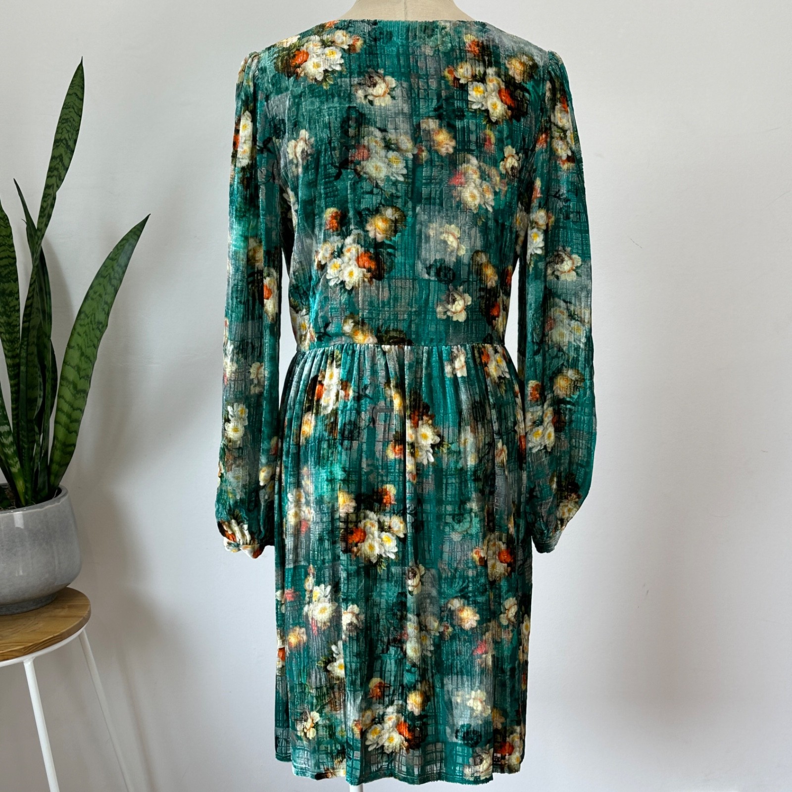 LEONA EDMISTON – SILK BLEND VELVET FLORAL MIDI DRESS – TEAL – SZ 3/ 14 AU/ 10 US