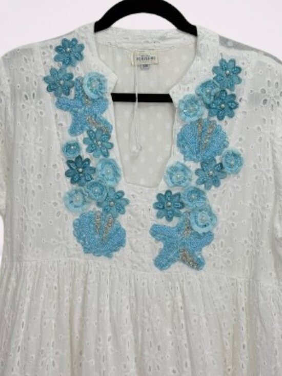 Bottega Positano NWOT Beaded Embroidered Babydoll White Eyelet Dress Size S/M