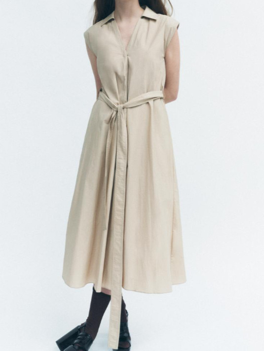 Zara ZW Collection Creased Dress With Belt Light Camel Size Medium NWT