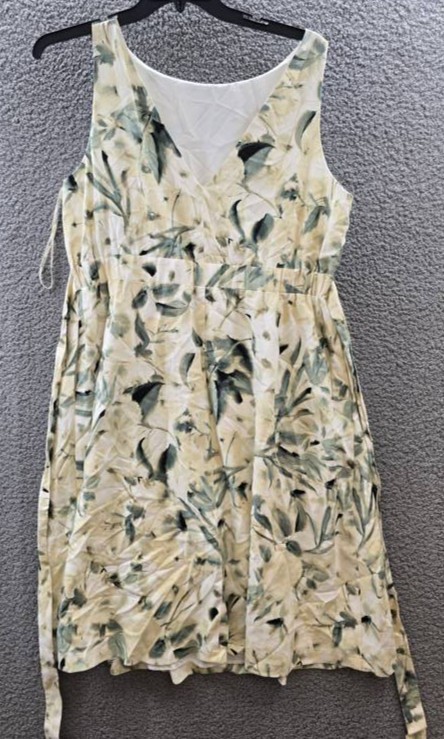 Anne Klein Linen Blend Floral-Print Tie-Waist Dress Women’s 16 White Dove Multi