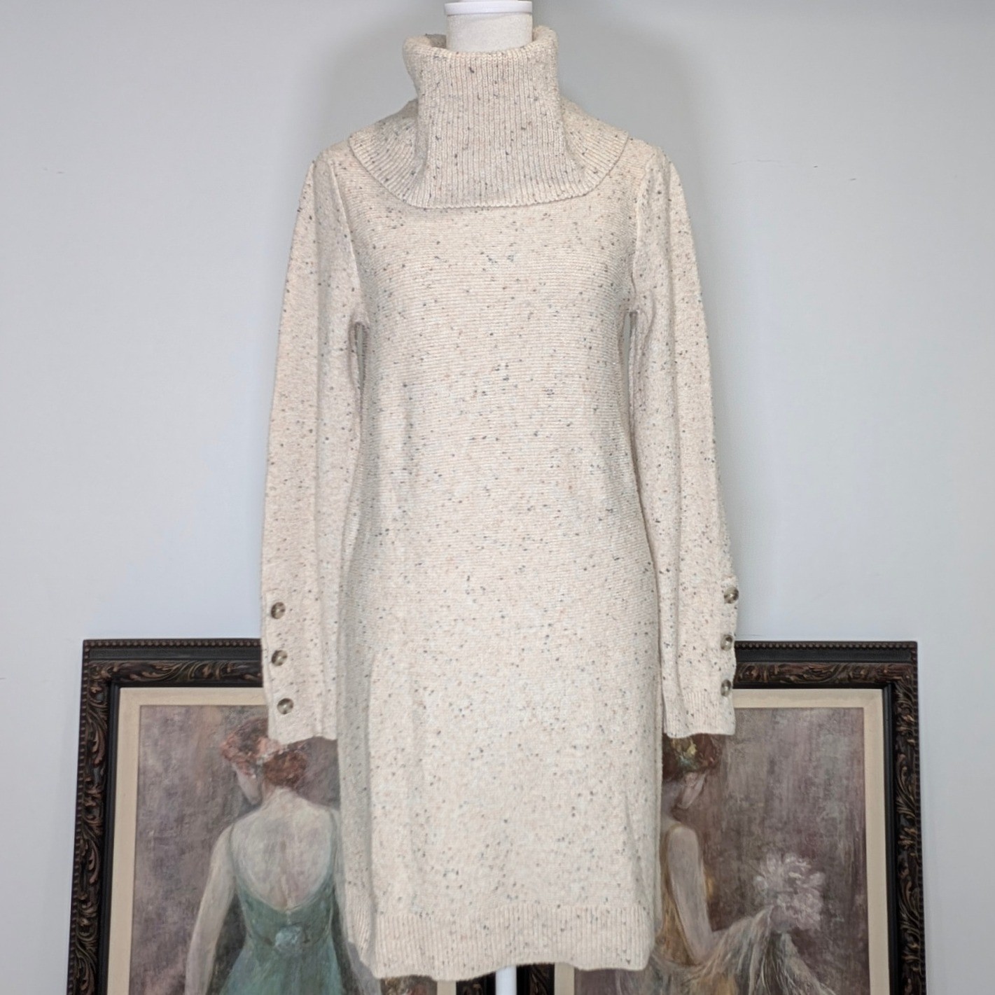 LOFT Women’s Cream Speckled Turtleneck Long Sleeve Sweater Dress Button Cuff S