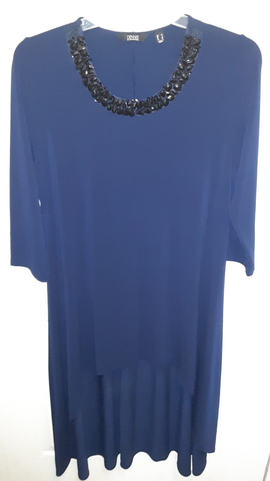 Dennis By Dennis Basso Navy Embellished Hi-low Long Sleeve Dress Size Large