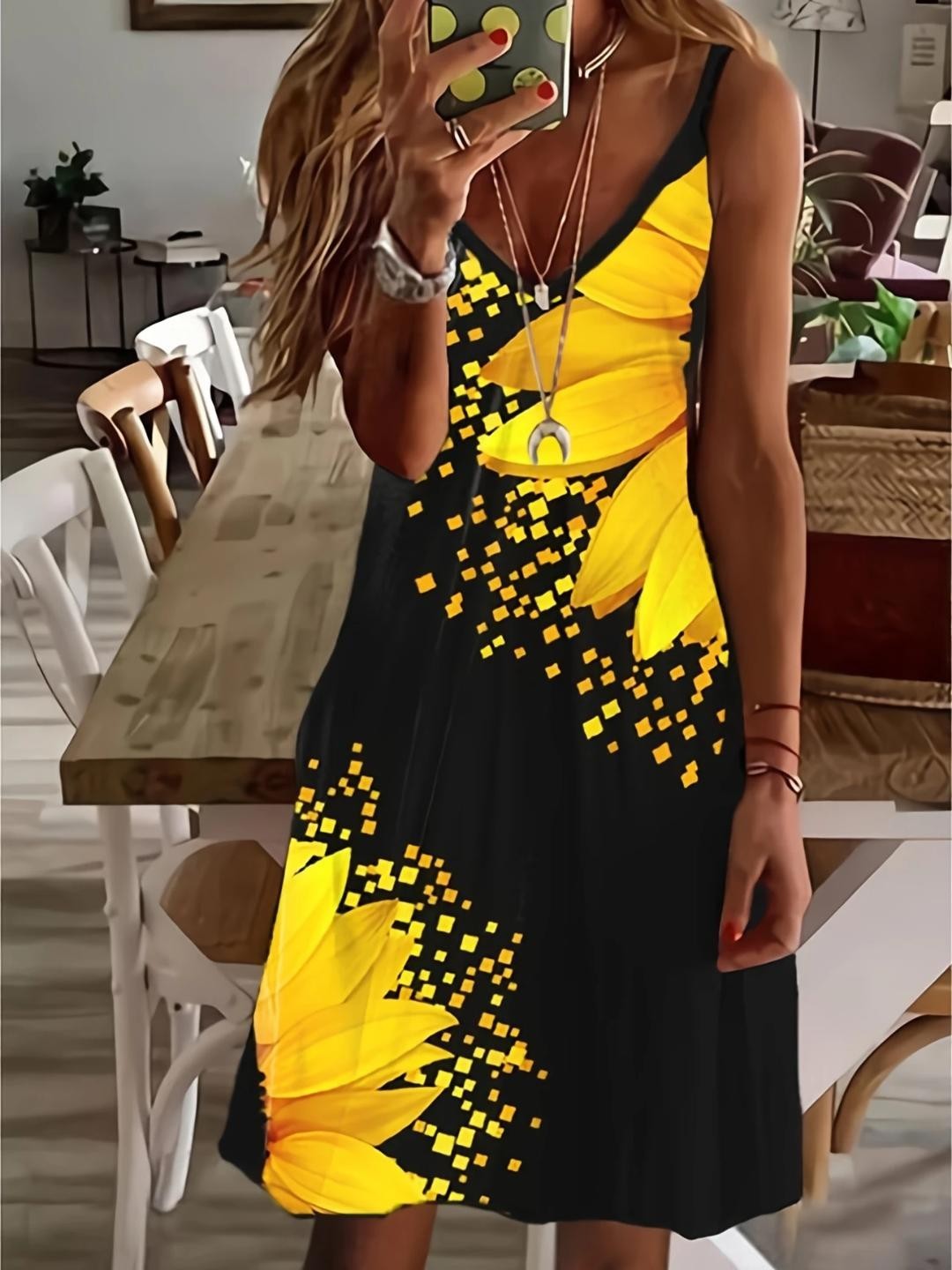 2XL Size 14 Hawaiian Sunflower Cocktail Dress – Stretchy Bodycon Short 36″ ✨New