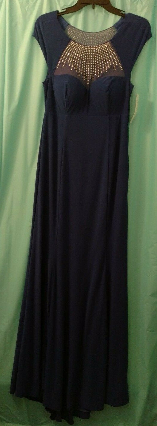 Eden Night Maxi Long Dress Size 8 Royal Blue Mesh Embellished Cap Sleeve Stretch
