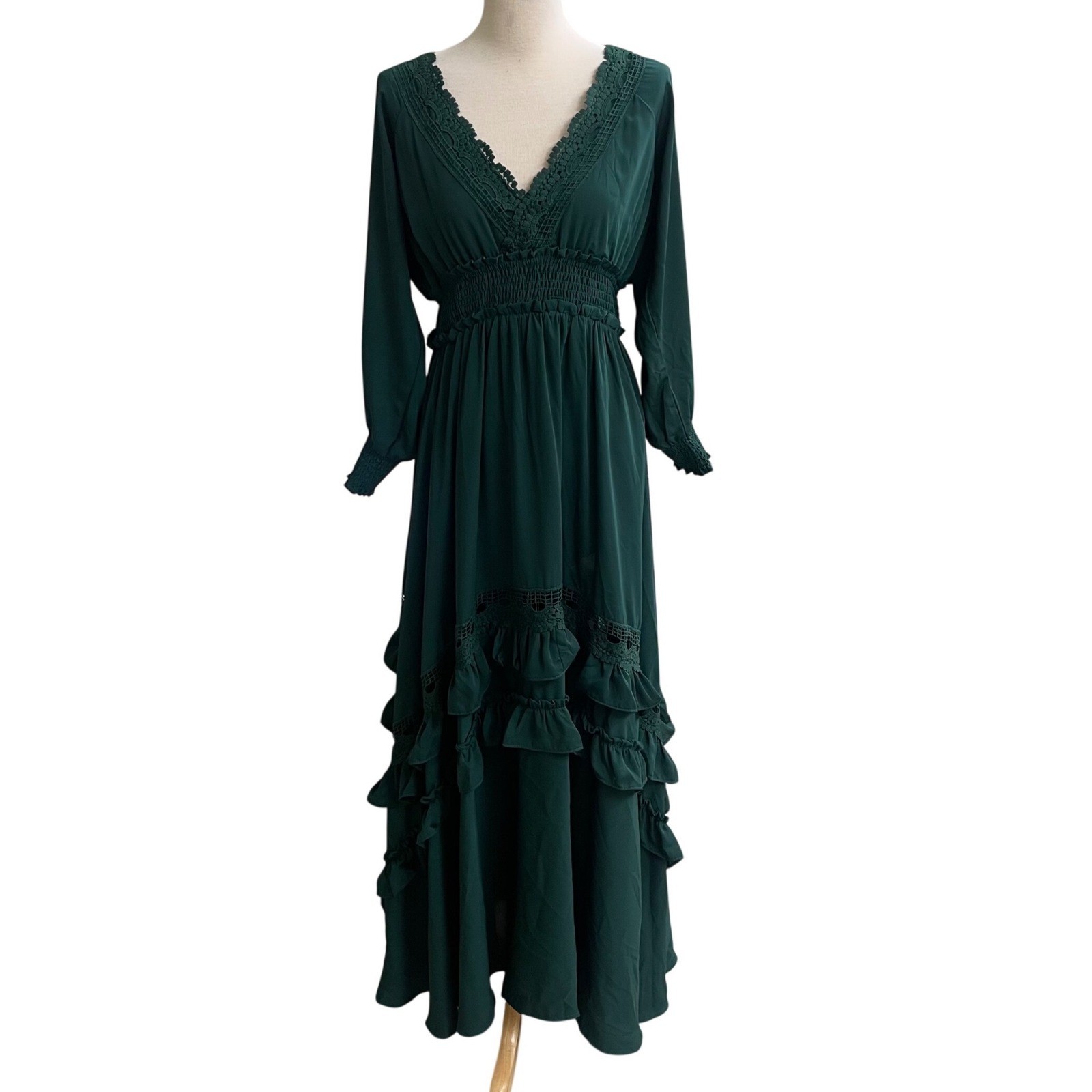 BALTICBORN pippA Women Emerald Green Tiered Ruffle Maxi Dress Long Sleeve LAre