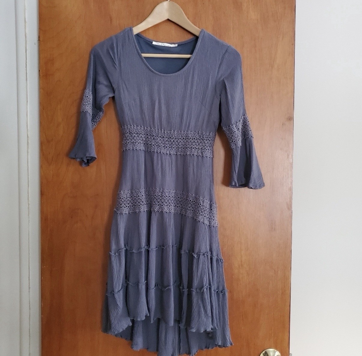 Solitaire Boho Cottagecore Blue Rayon Dress XS Crochet Lace Tiered Bell Sleeve
