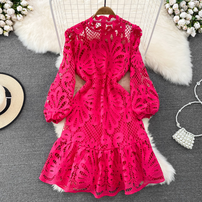 Women Puff Long Sleeve Ruffle Lace Midi Dress Hollow Out Retro Elegant New Dress