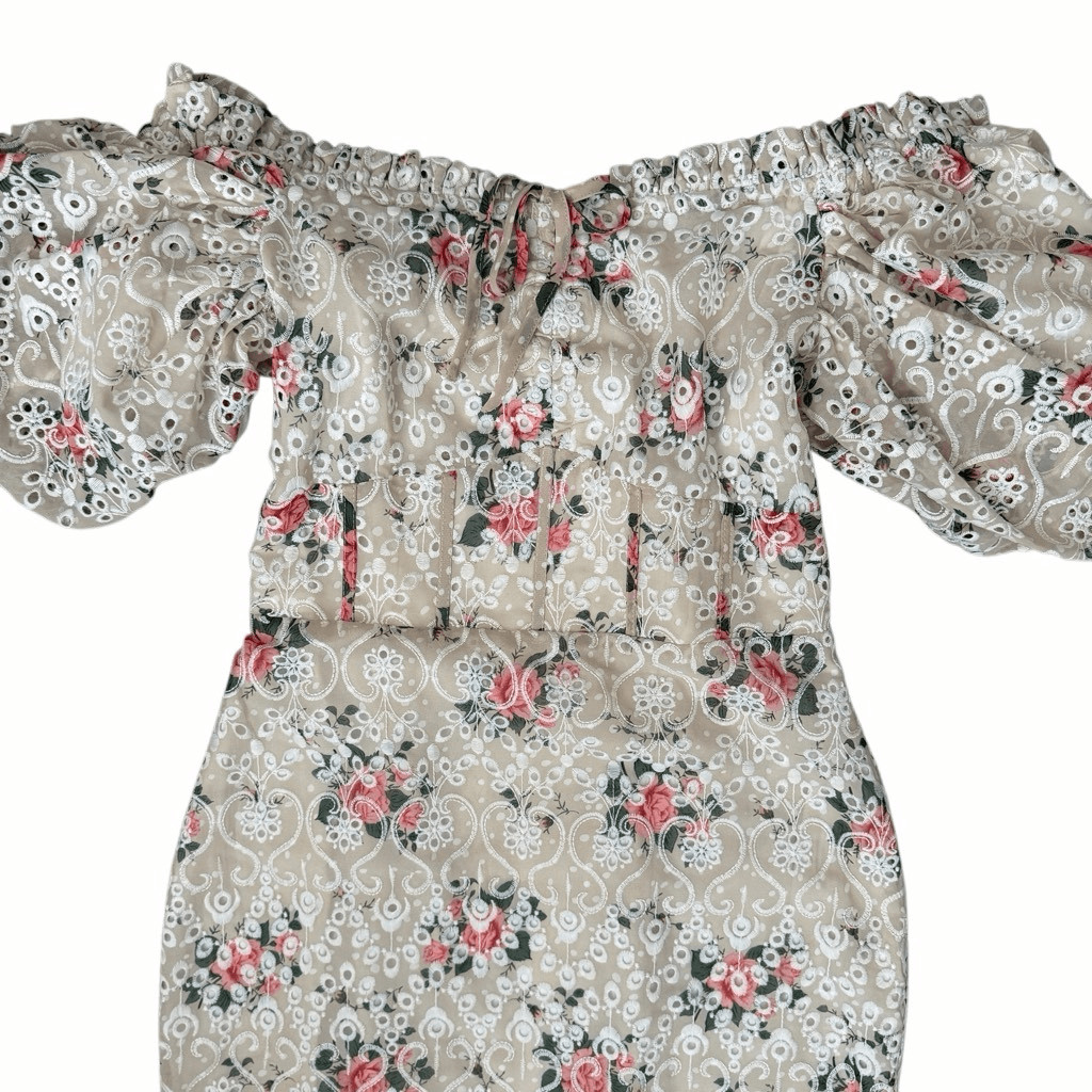 Lavish Alice Off Shoulder Floral Lace Midi Dress Puff Sleeve Corset Sz 6 NWT