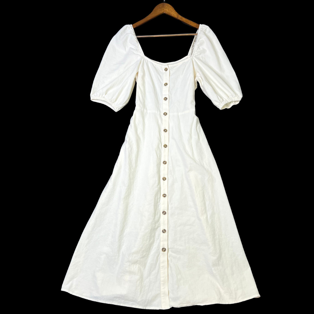100% Cotton Tiered Milkmaid Babydoll Cottage Midi Dress Puff Sleeve Ivory Size S