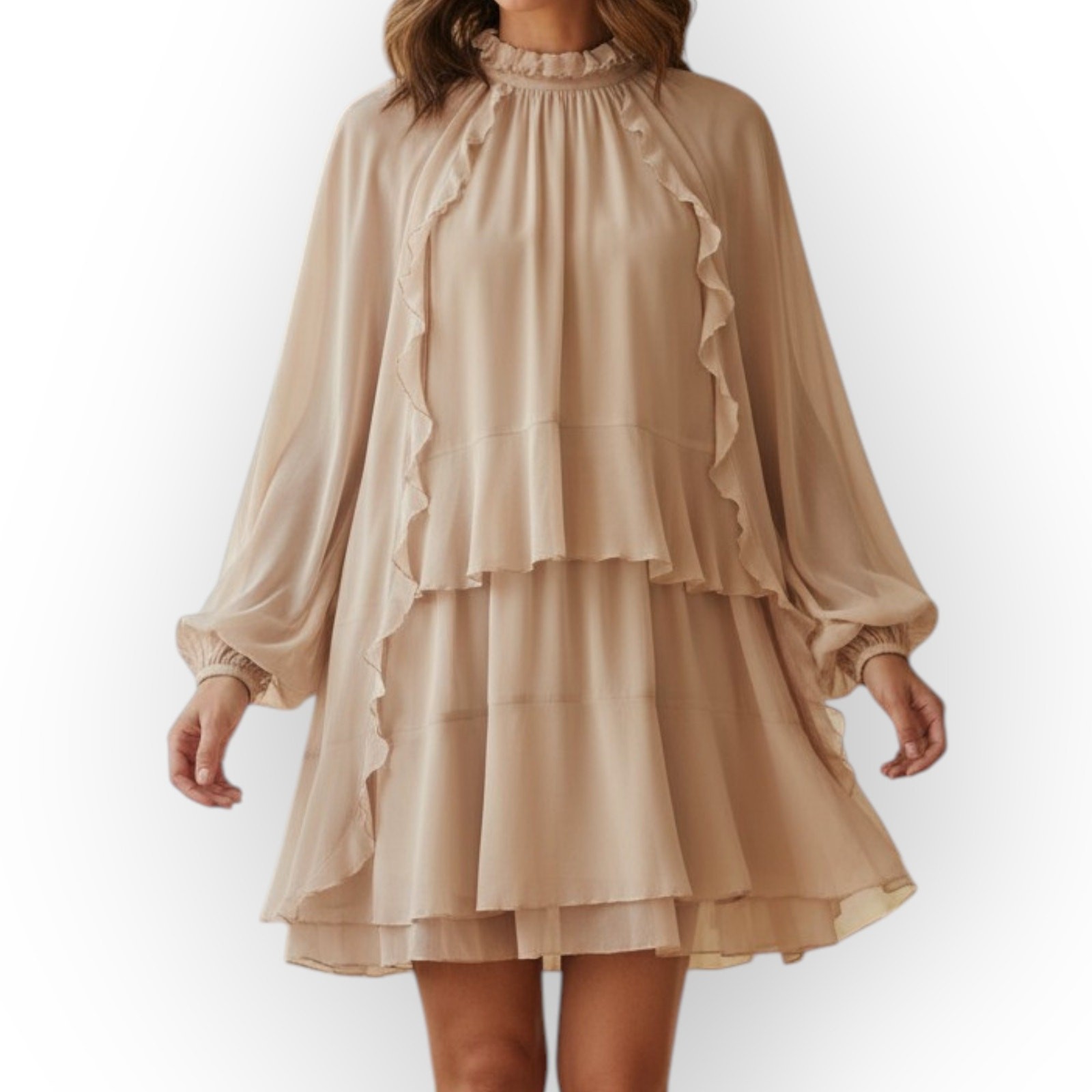 Commense Blush Semi-Sheer Chiffon Ruffle Mini Dress Cape Sleeve Overlay – Size L