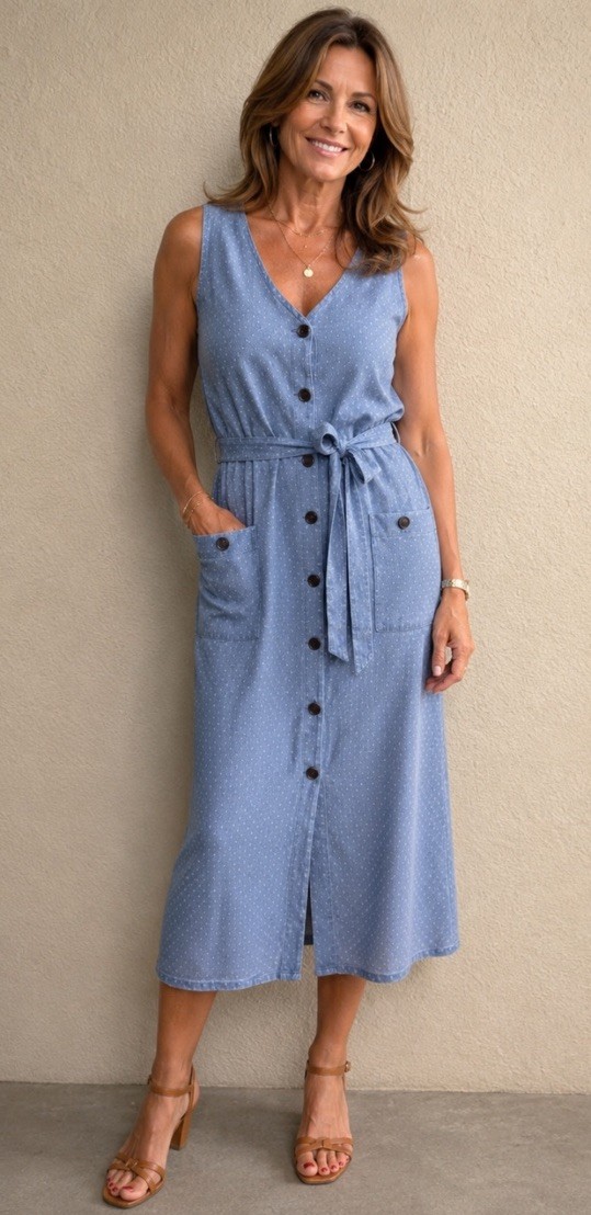 Pure J Jill Denim Sleeveless Chambray Dress Belted Pockets Size Large Button
