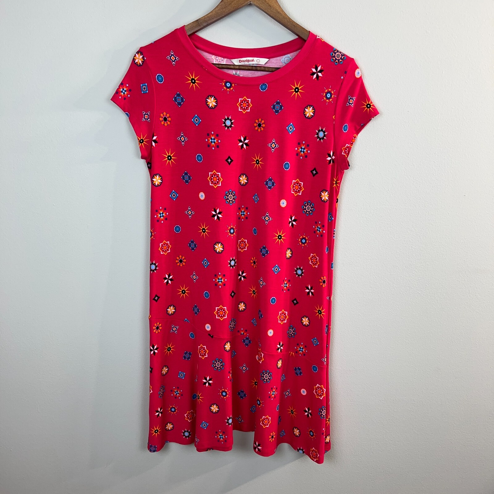 Desigual Dress Womens Large Pink Colorful Tunic Geometric Short Sleeve Mini L