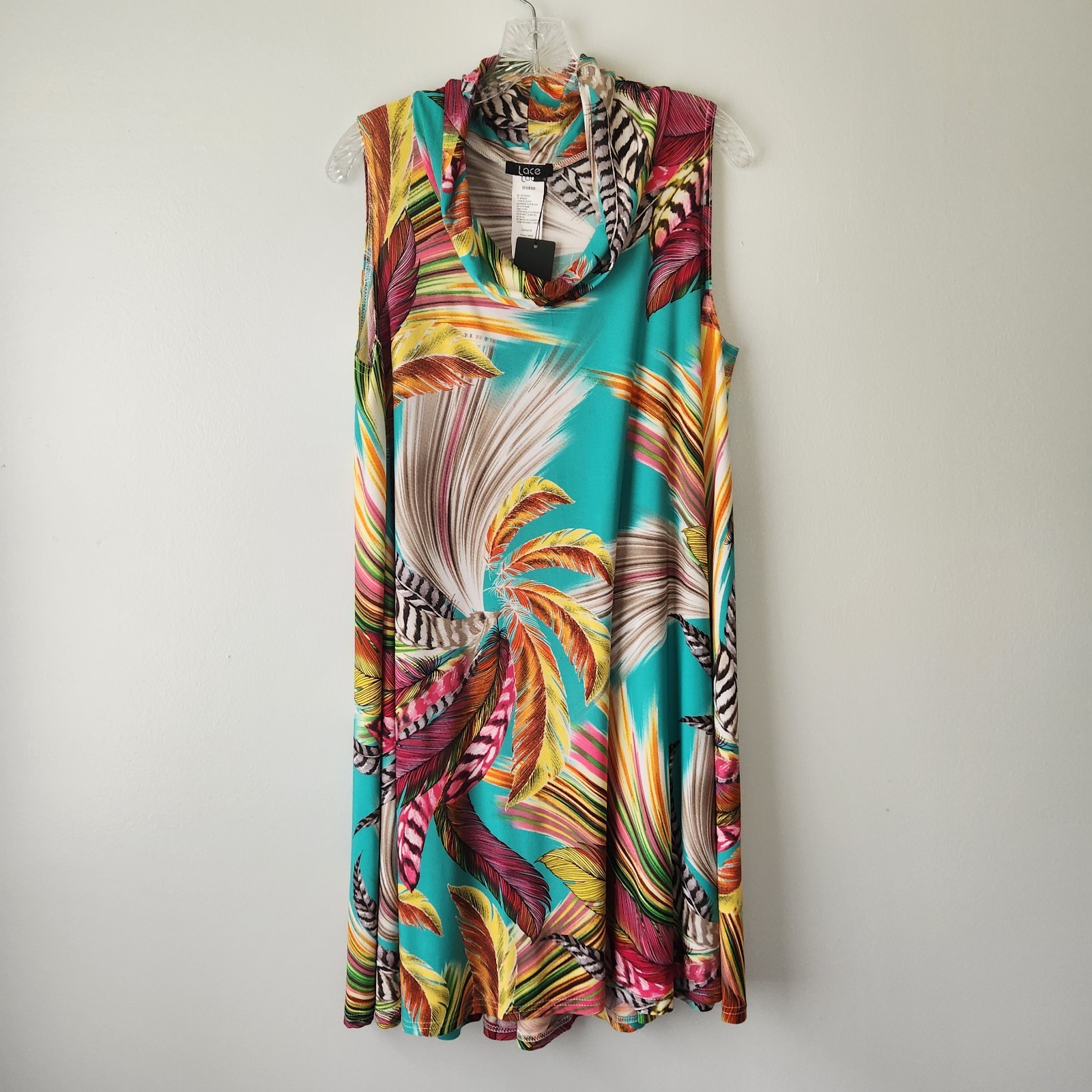 Lace Canada Dress Women’s L/XL Turquoise Feather Print Cottagecore Resort Wear