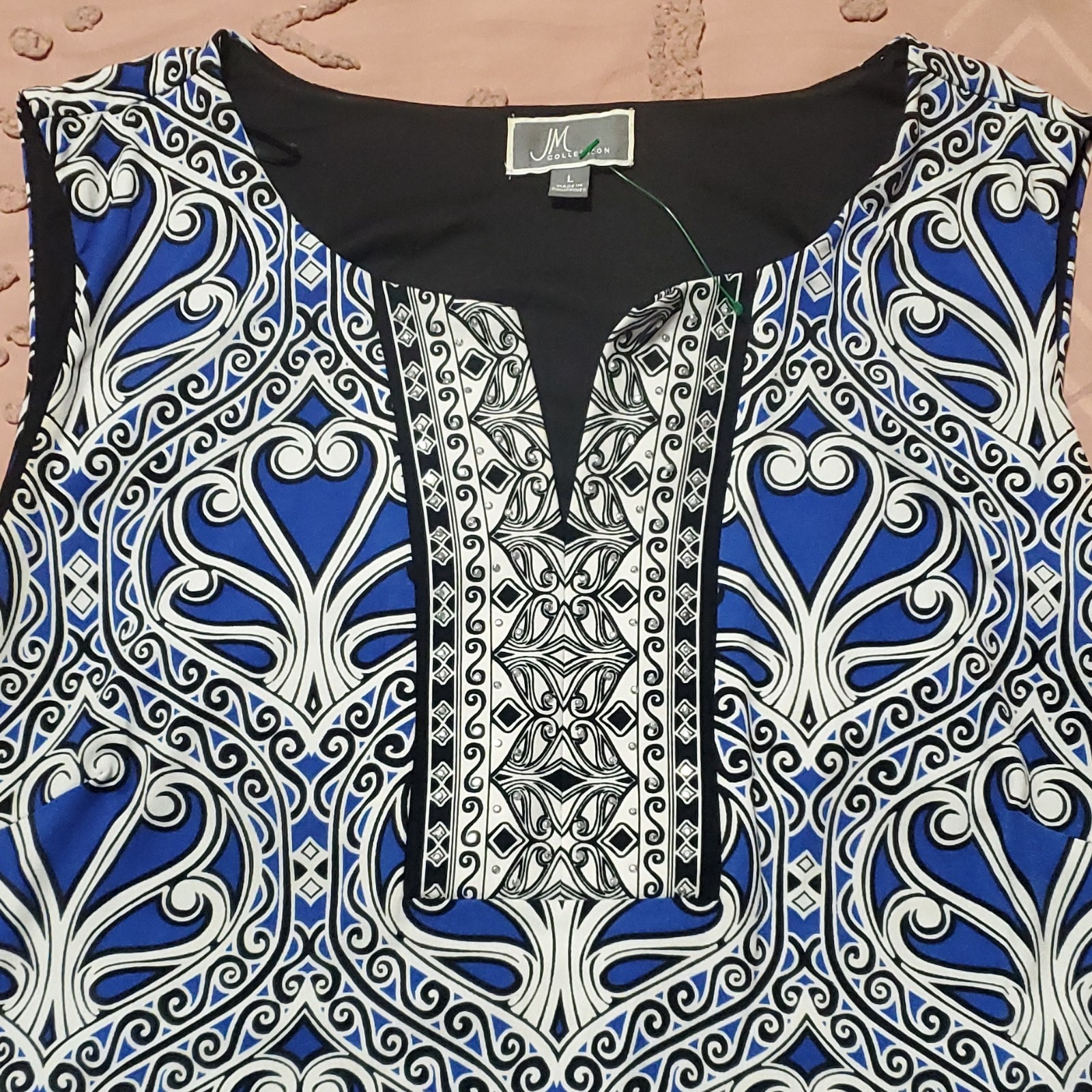 JM Collection Blue White Black Geometric A-Line Dress V-Neck Sleeveless Knee L