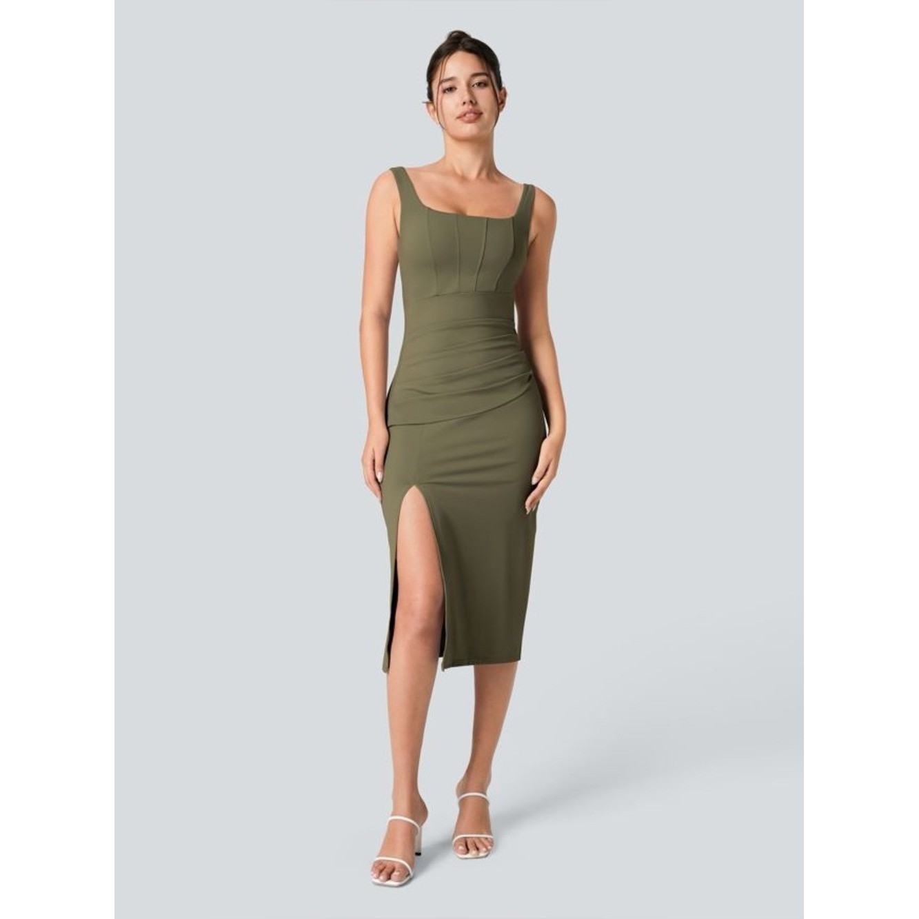 Halara SoftlyZero Airy Backless Corset Ruched Split Midi Dress Olive XS