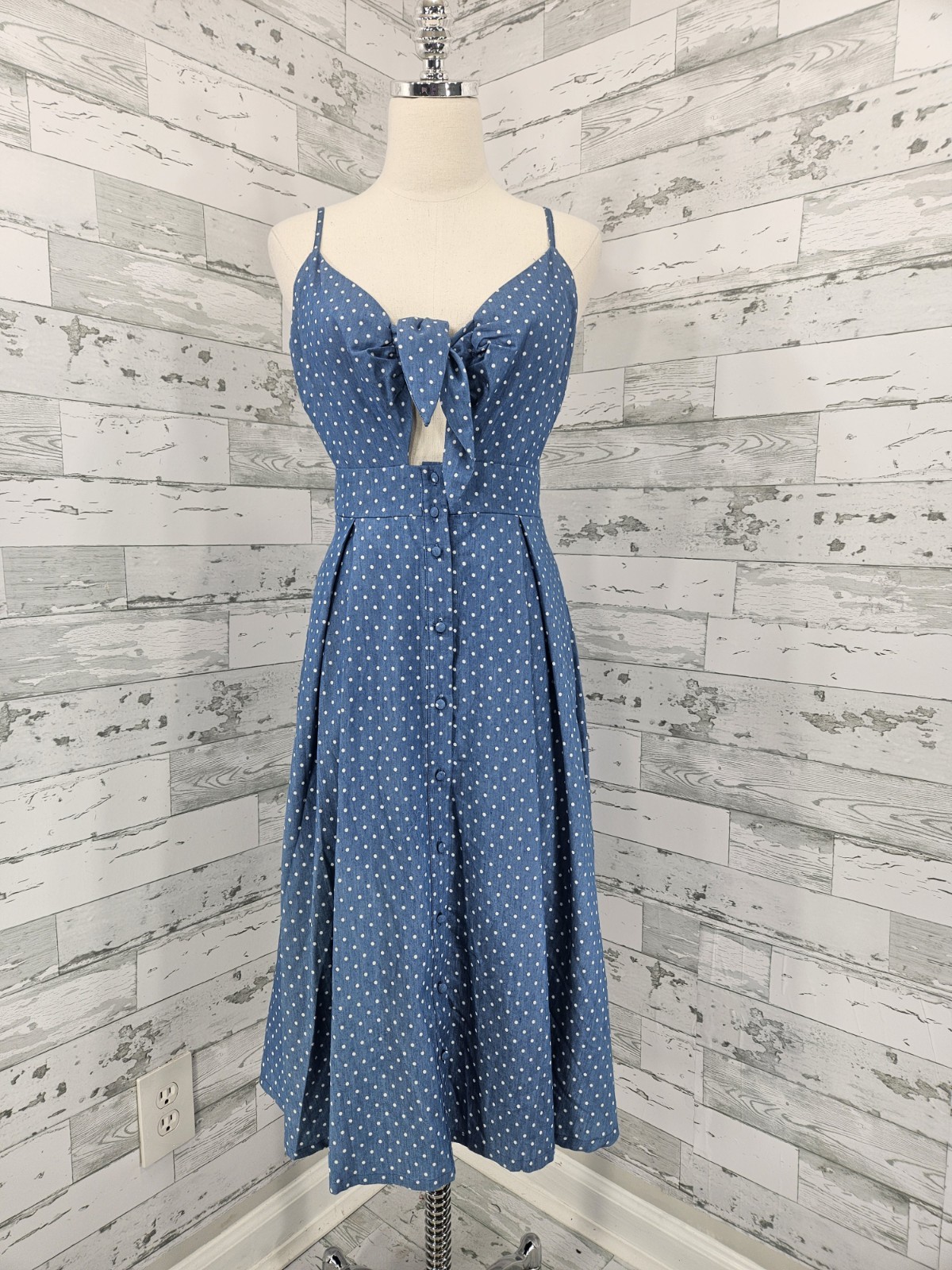 Lulus Bonnie Bell Blue and White Polka Dot Midi Flare Dress Women Small