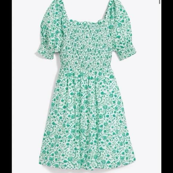 Draper James Green White Floral Smocked Square Neck Puff Sleeve Dress L Pockets