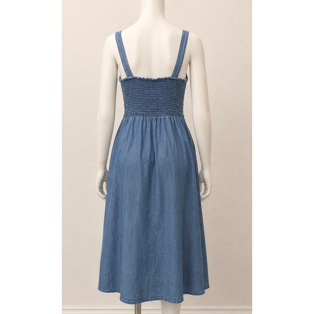 Denim Chambray Midi Dress Button Front Smocked Back Pockets S Coastal Cottage