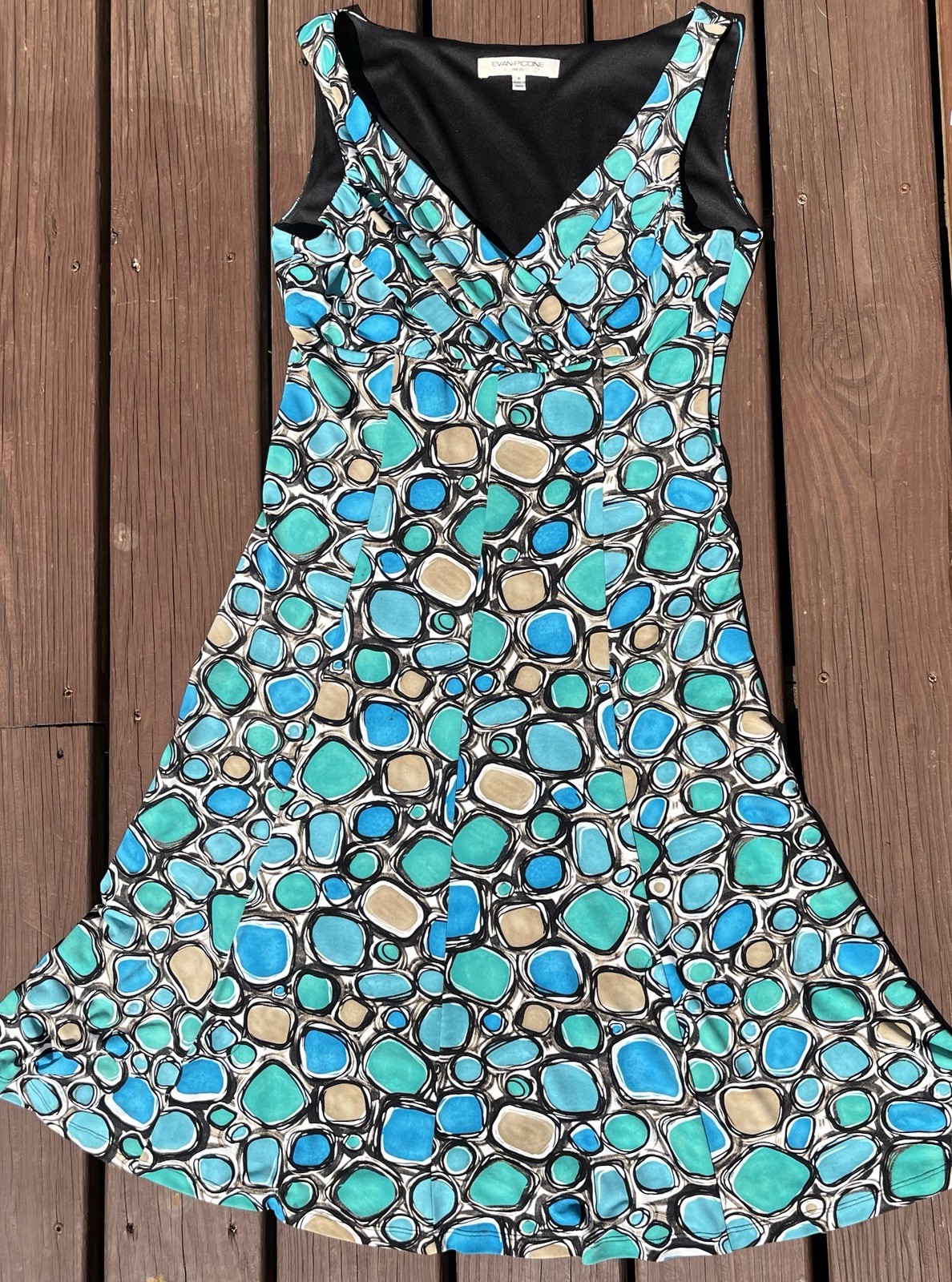 Geometric Seaglass Sleeveless Dress Womens 8 Sundress Flare A-line Vneck Retro